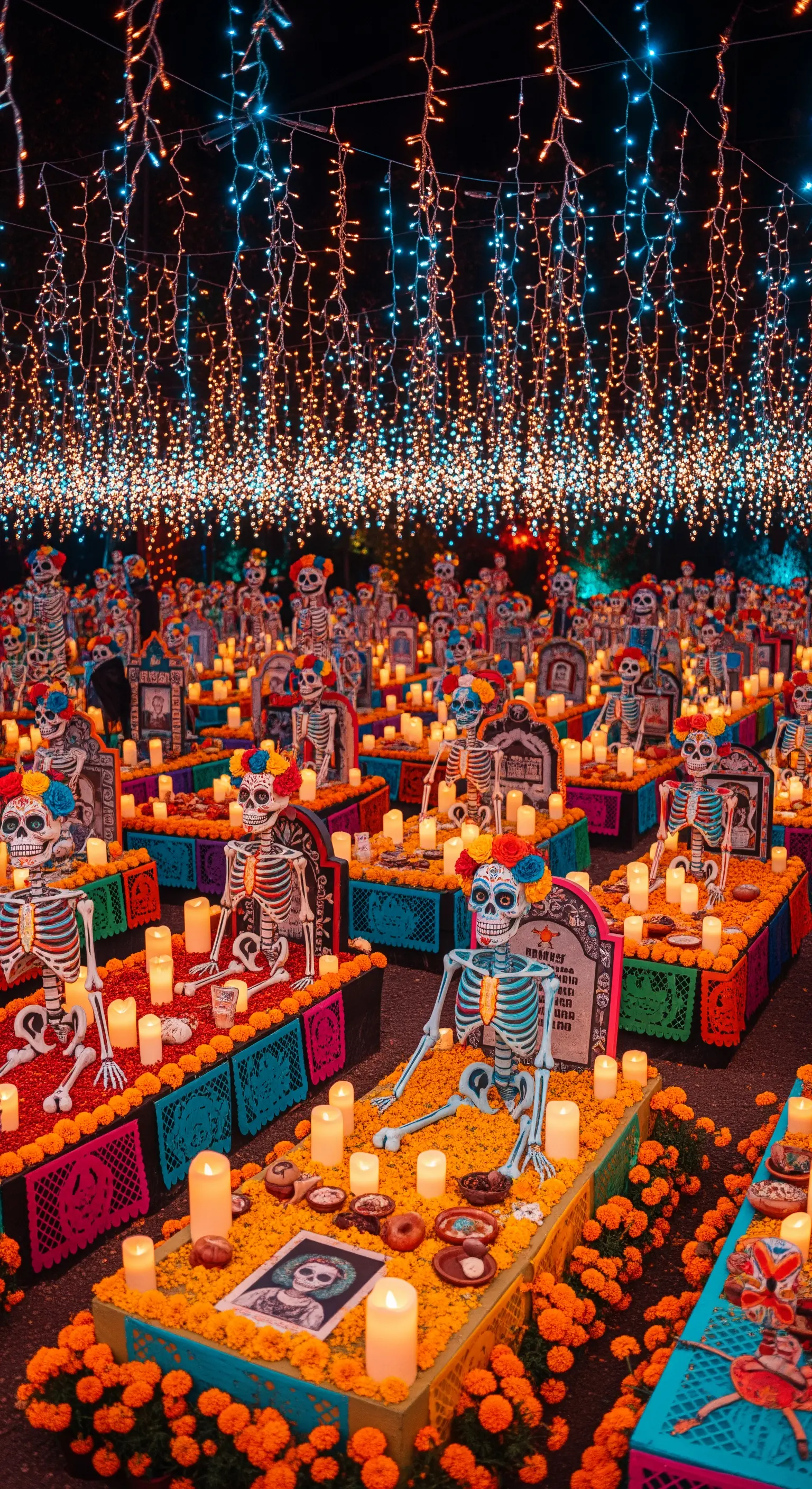Un cimitero ispirato al Día de los Muertos, con scheletri colorati, fiori e migliaia di luci.