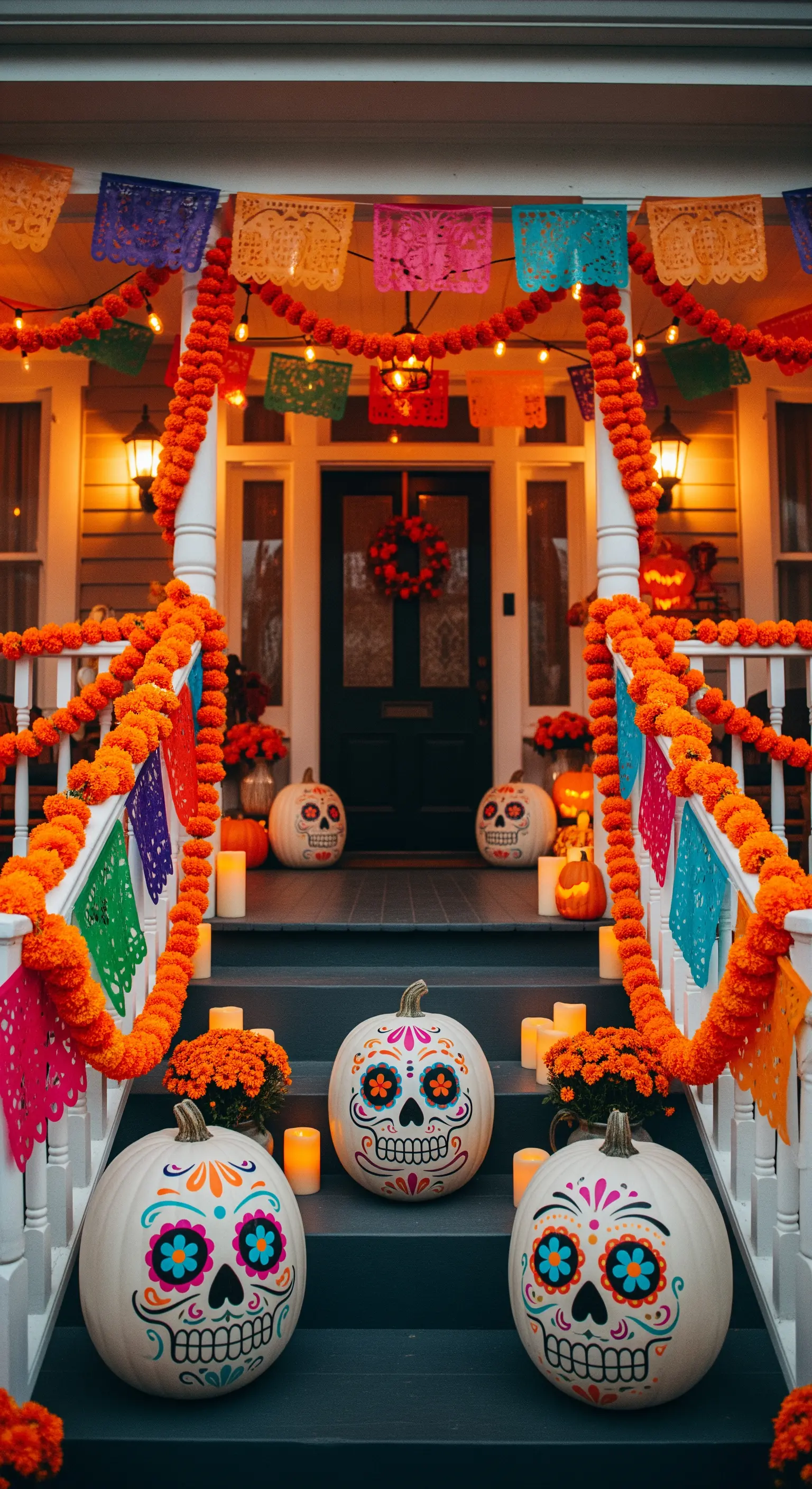 Decorazione del portico a tema Giorno dei Morti con fiori arancioni, papel picado e zucche calavera.