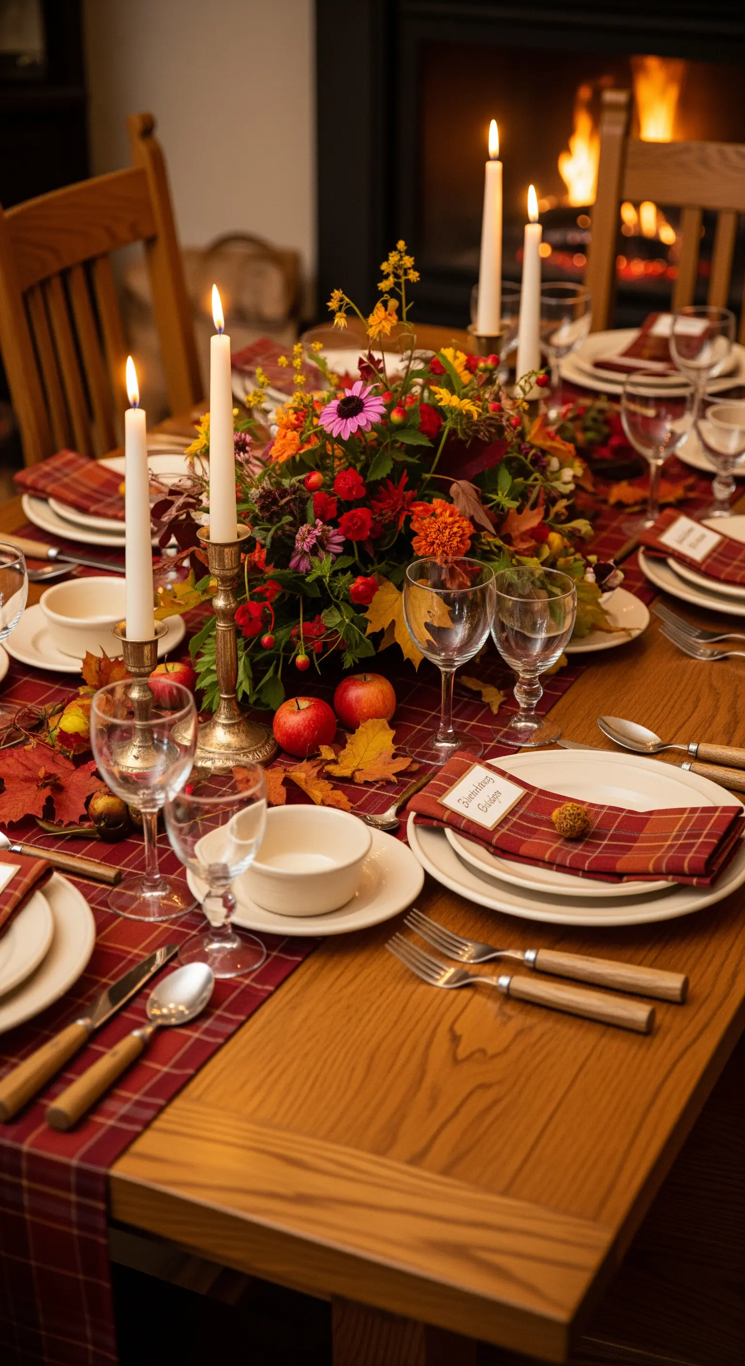 Tavola autunnale con runner scozzese rosso, candele accese e mele nel centrotavola.