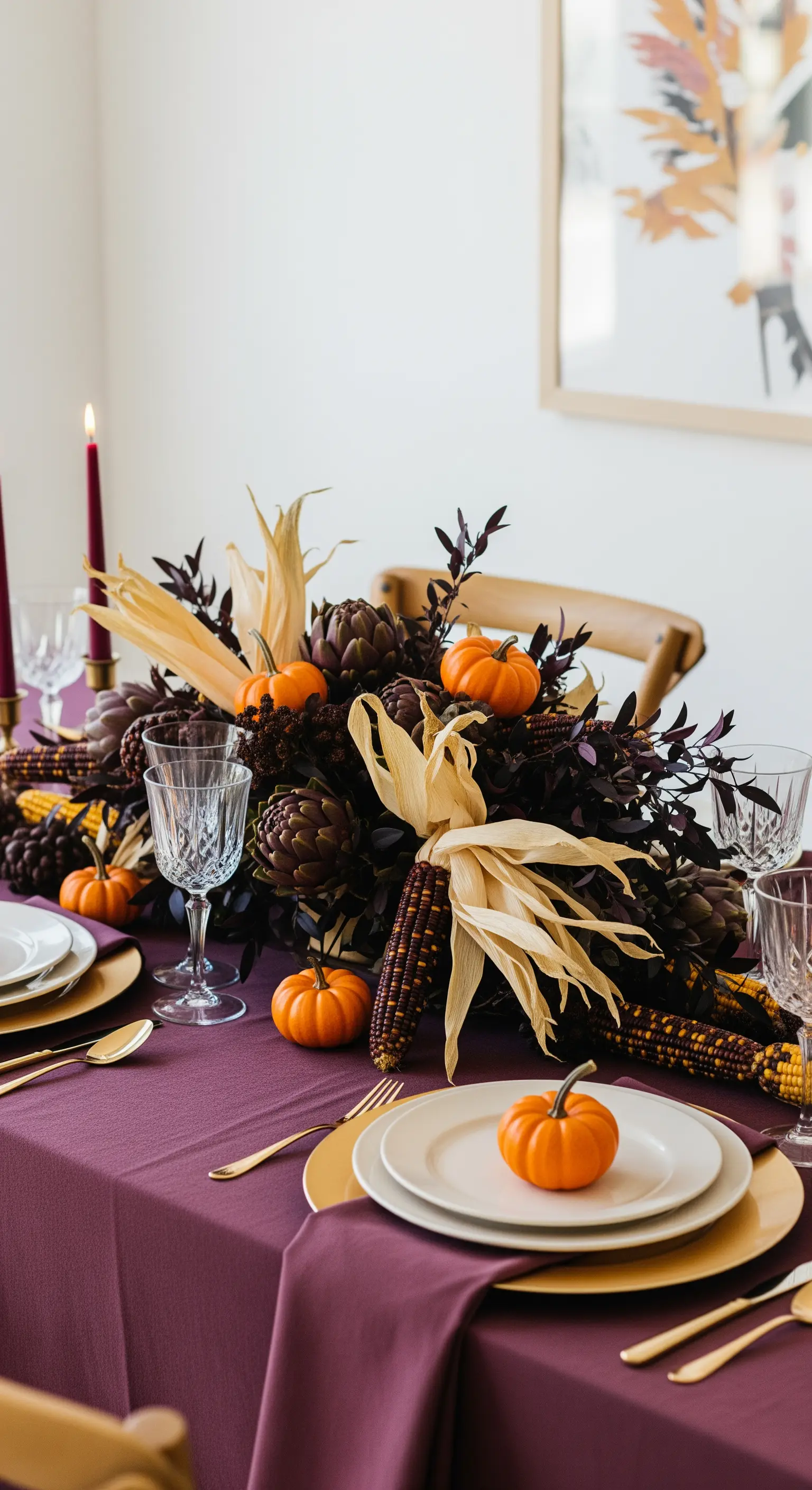 Tavola autunnale con tovaglia prugna, mini zucche e carciofi come centrotavola.