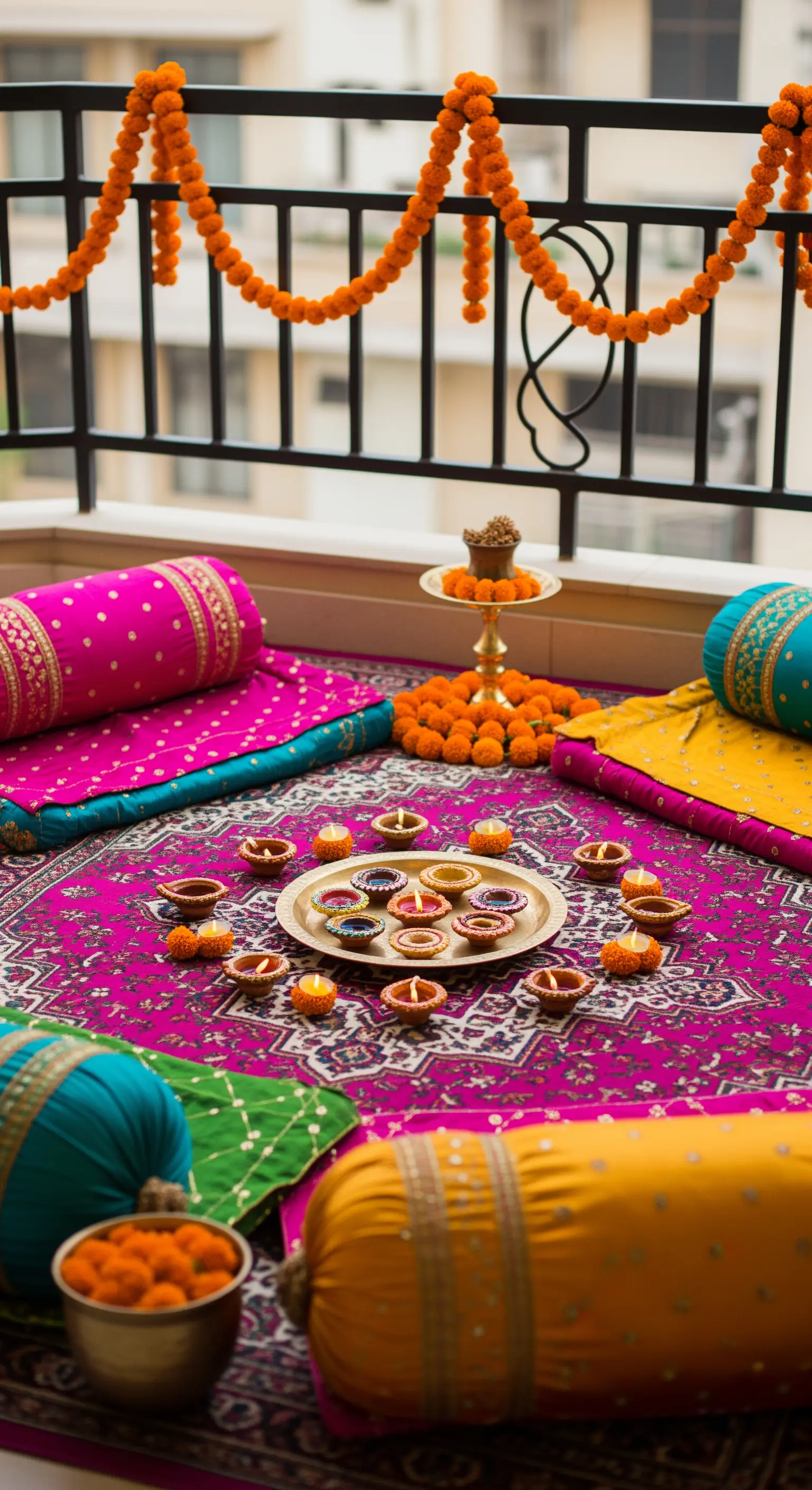 Balcone allestito in stile indiano con tappeto fucsia, cuscini in seta colorata e fiori.
