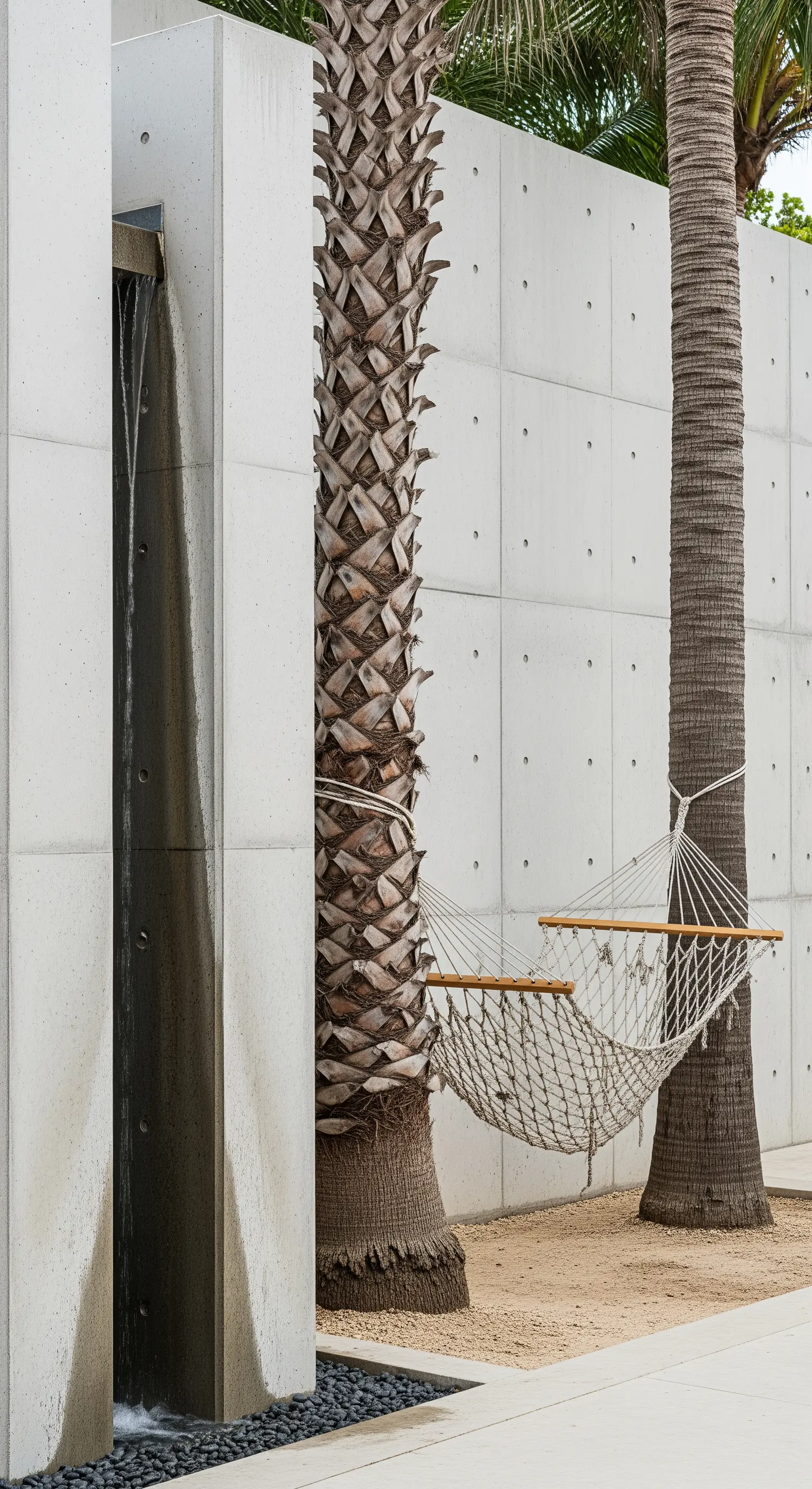 Amaca in corda tesa tra due palme contro una parete di cemento a vista con cascata integrata