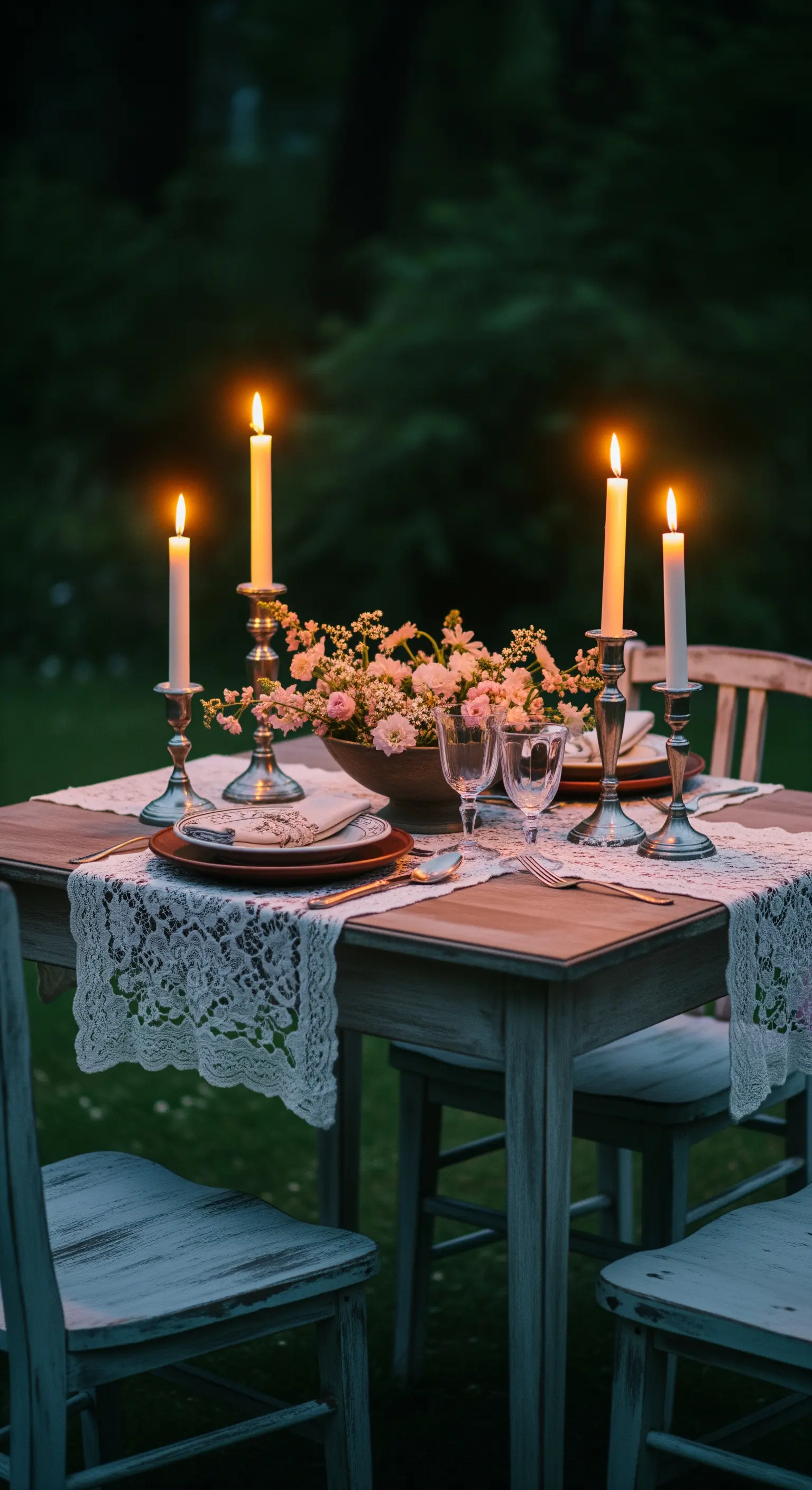 Tavola da giardino di sera illuminata da candele in candelabri d'argento, con runner in pizzo