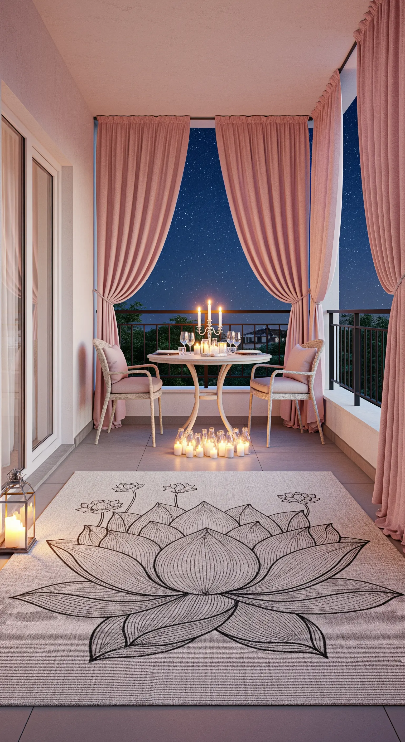 Balcone allestito per una cena romantica con tende rosa, tappeto a fior di loto e candele.