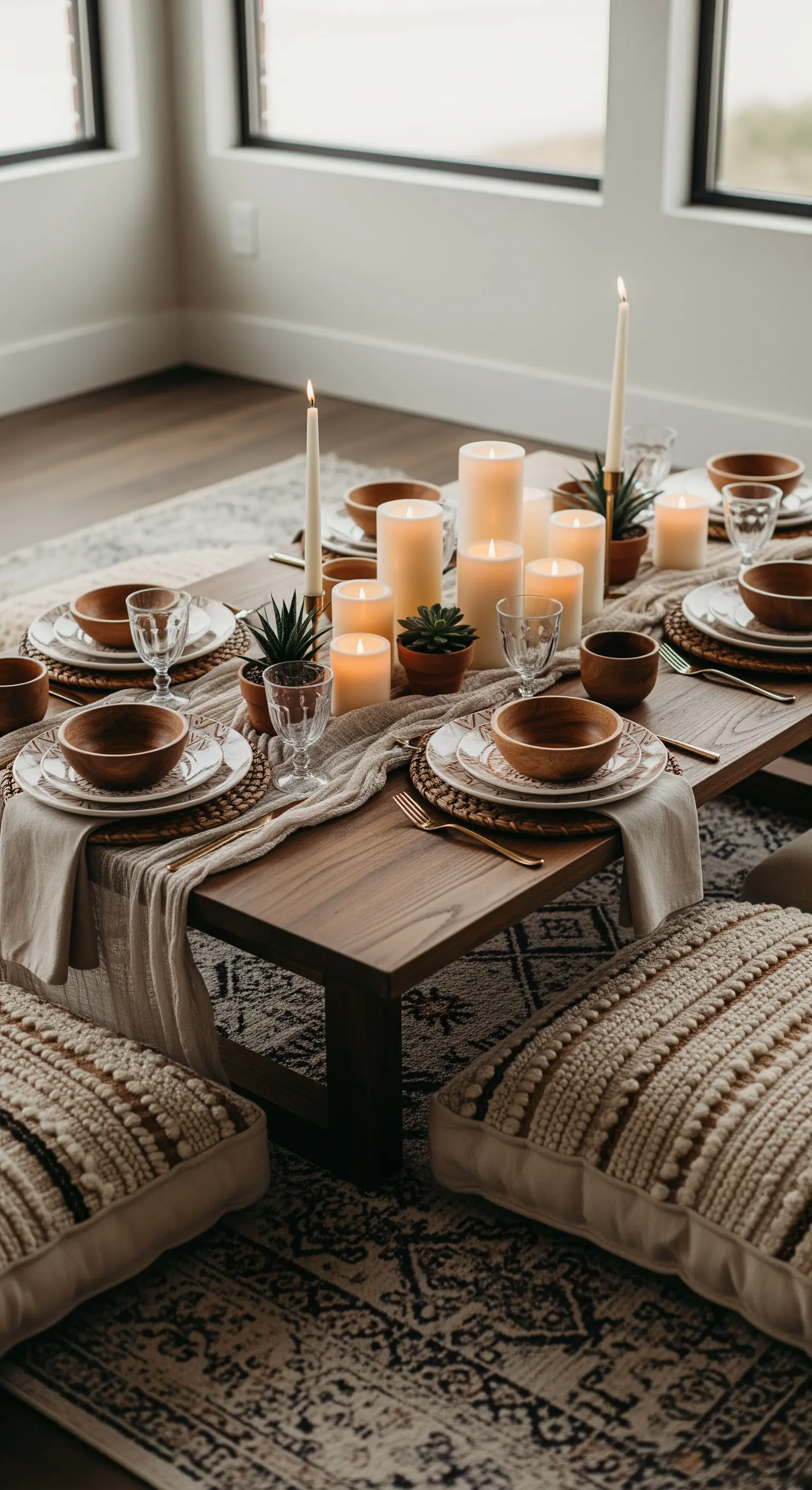 Tavola bassa apparecchiata con cuscini a terra, ciotole in legno e candele bianche