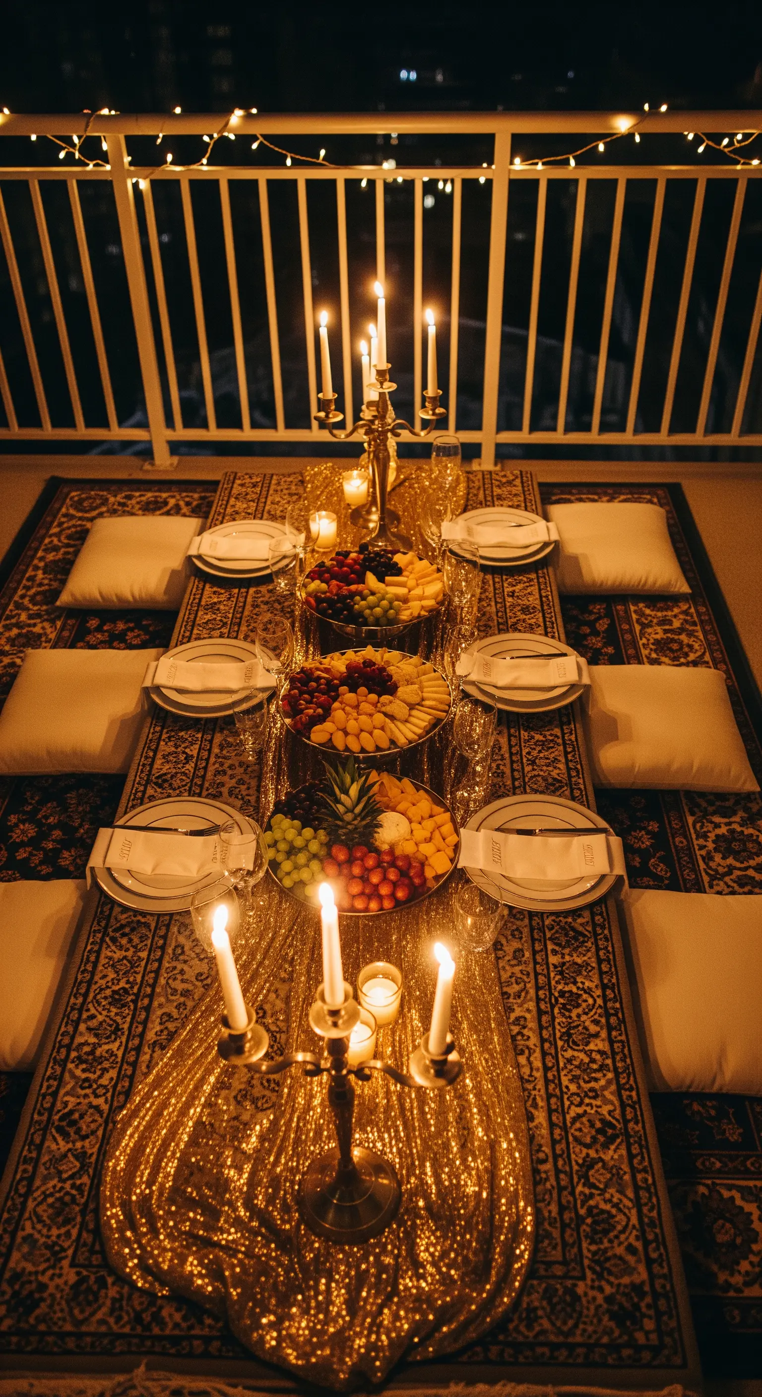 Tavola bassa allestita su un tappeto persiano con candelabri e runner di paillettes.
