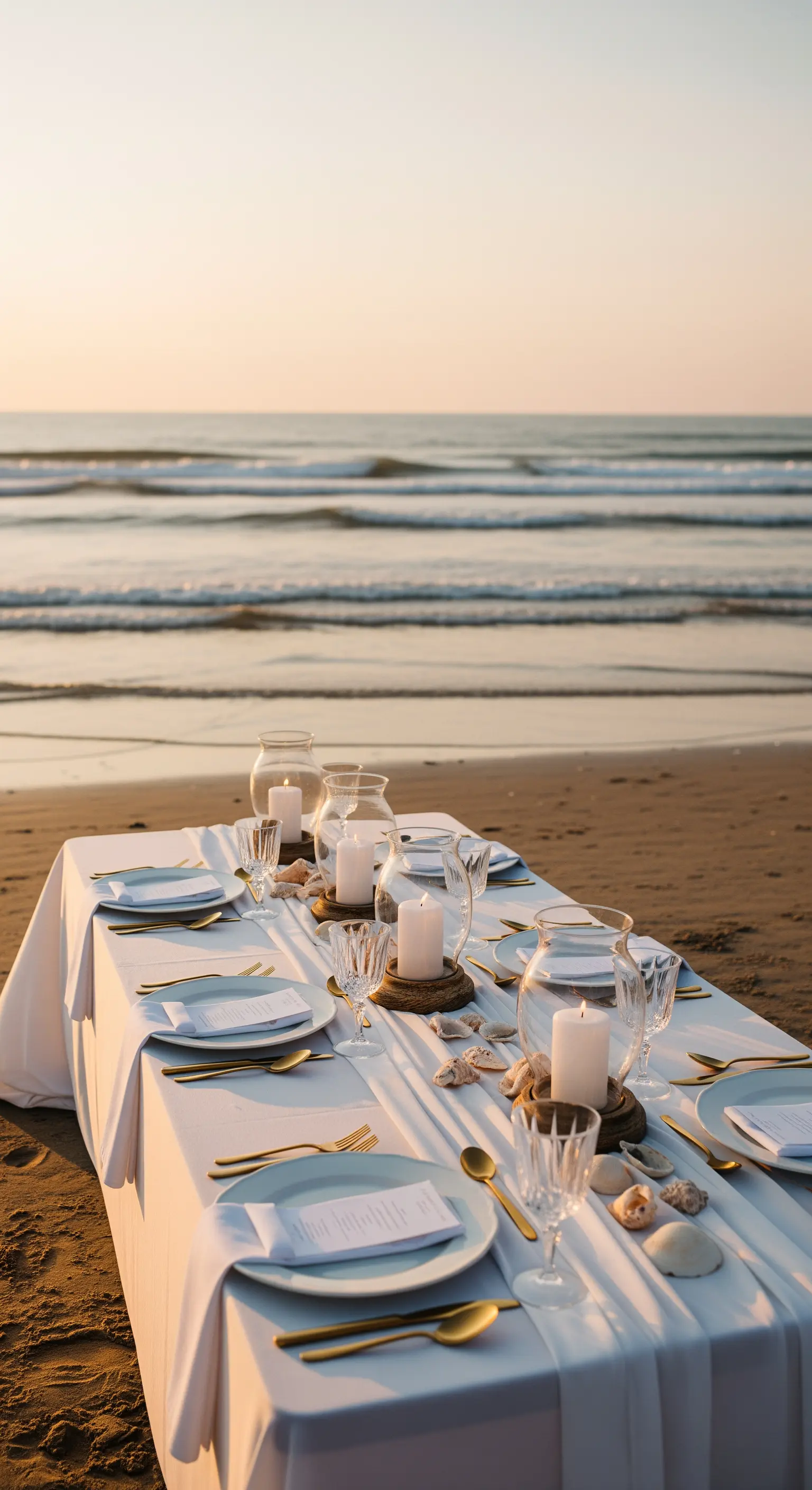 Tavola elegante apparecchiata sulla spiaggia al tramonto con candele e conchiglie