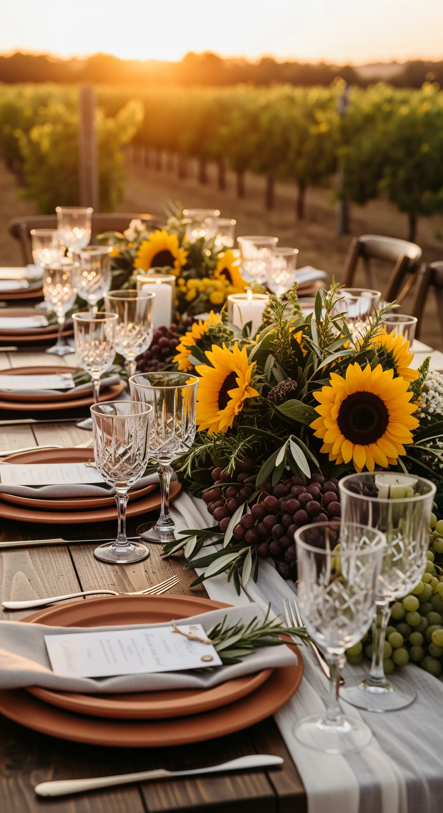 Tavola all'aperto in una vigna con girasoli, uva e piatti in terracotta.
