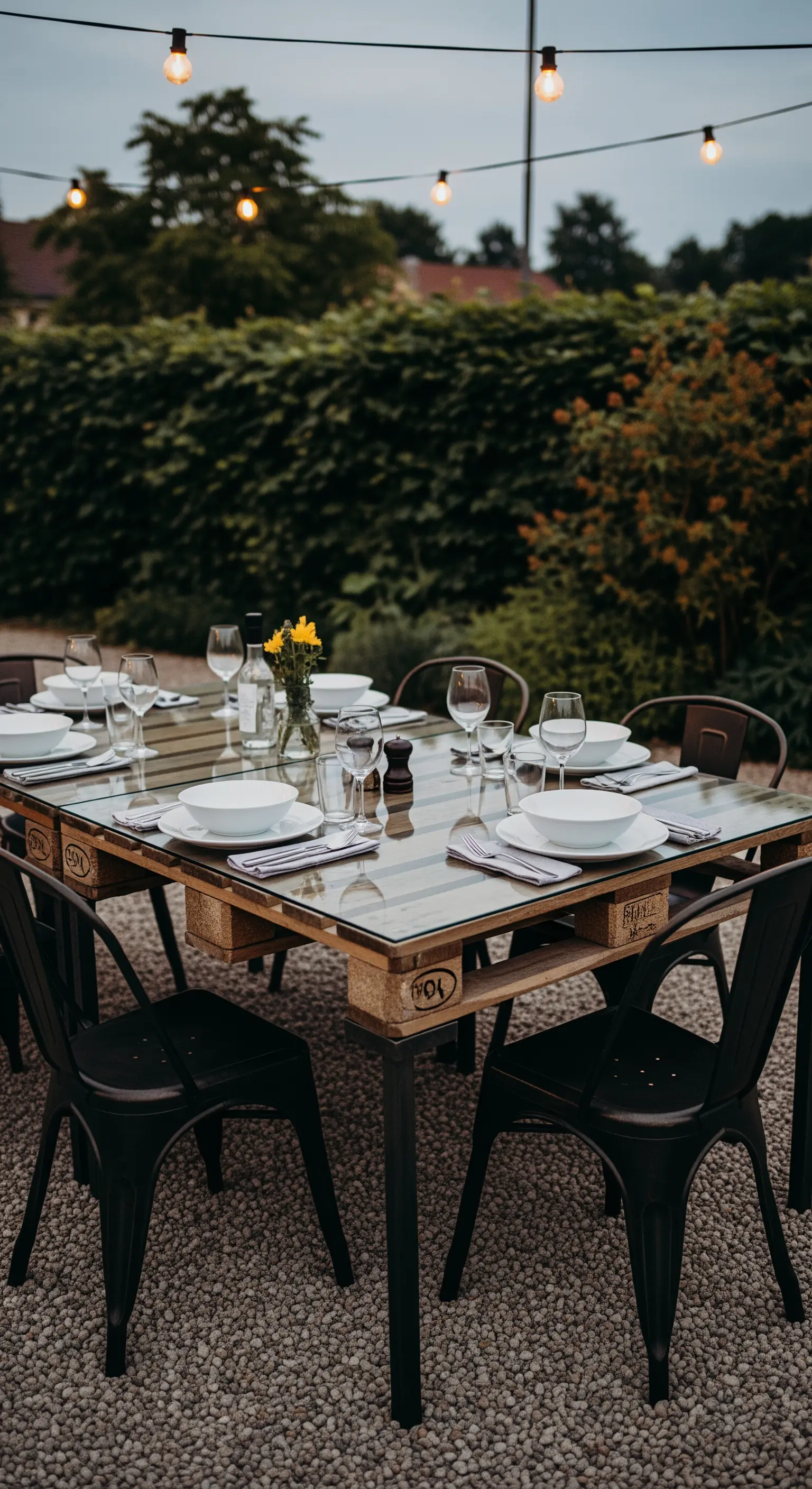 Tavolo da giardino in pallet con piano in vetro e sedie in metallo nero.