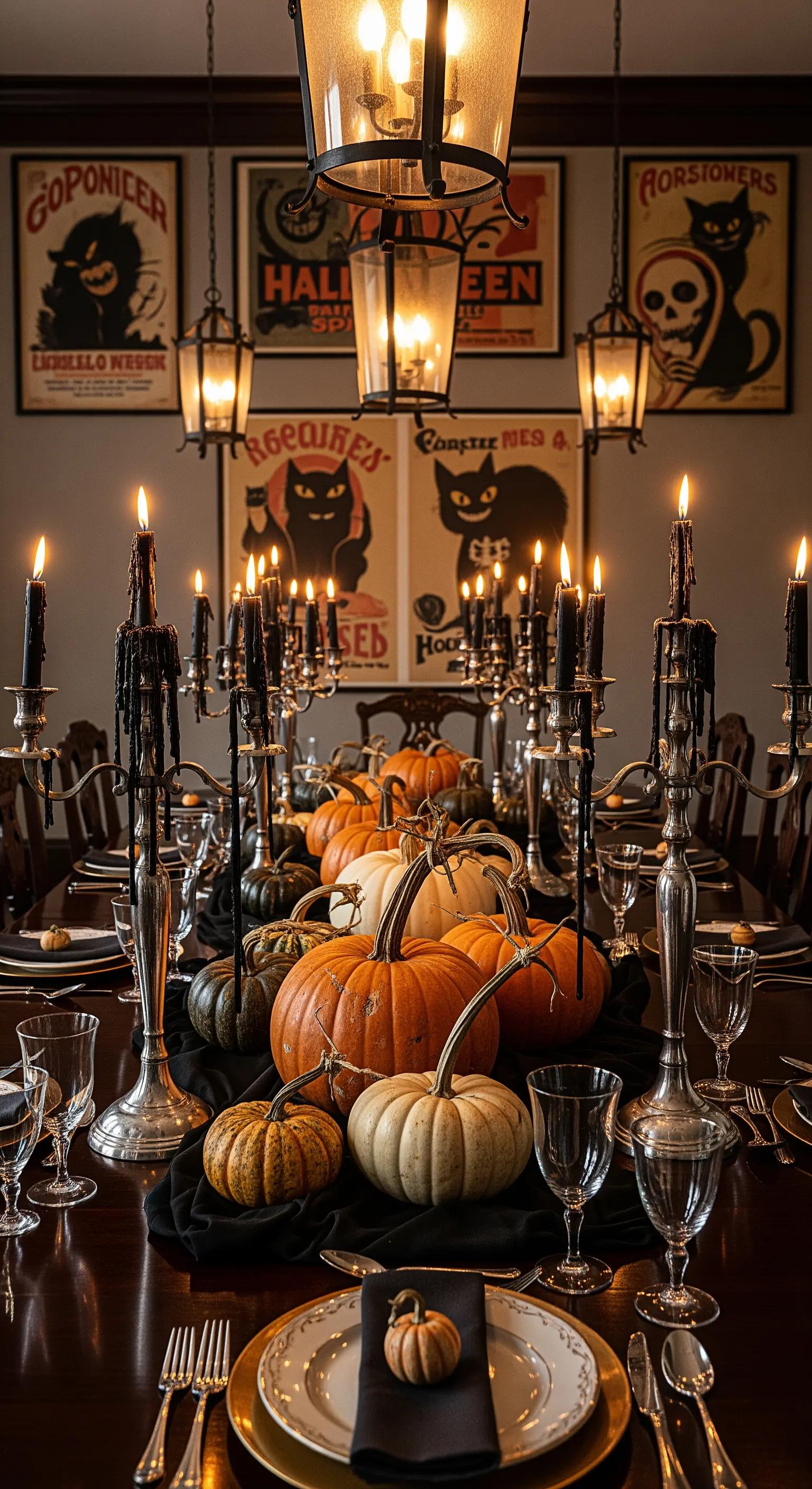 Tavola di Halloween imbandita con candelabri d'argento, zucche e poster retrò di gatti neri.