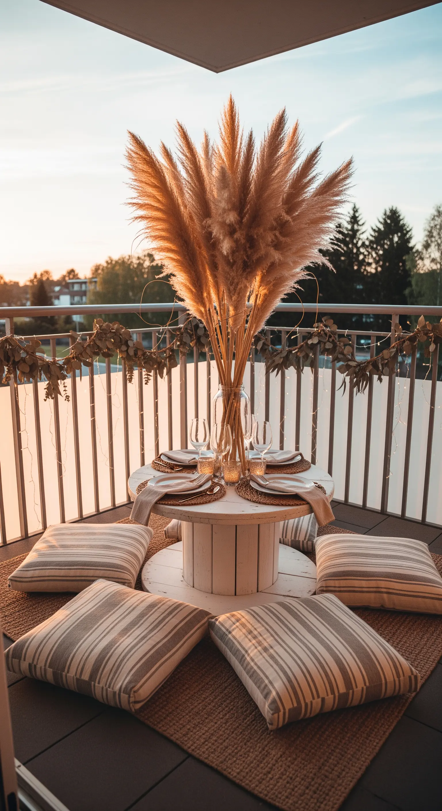 Tavolino basso ricavato da un rocchetto per cavi, circondato da cuscini da pavimento e pampas.