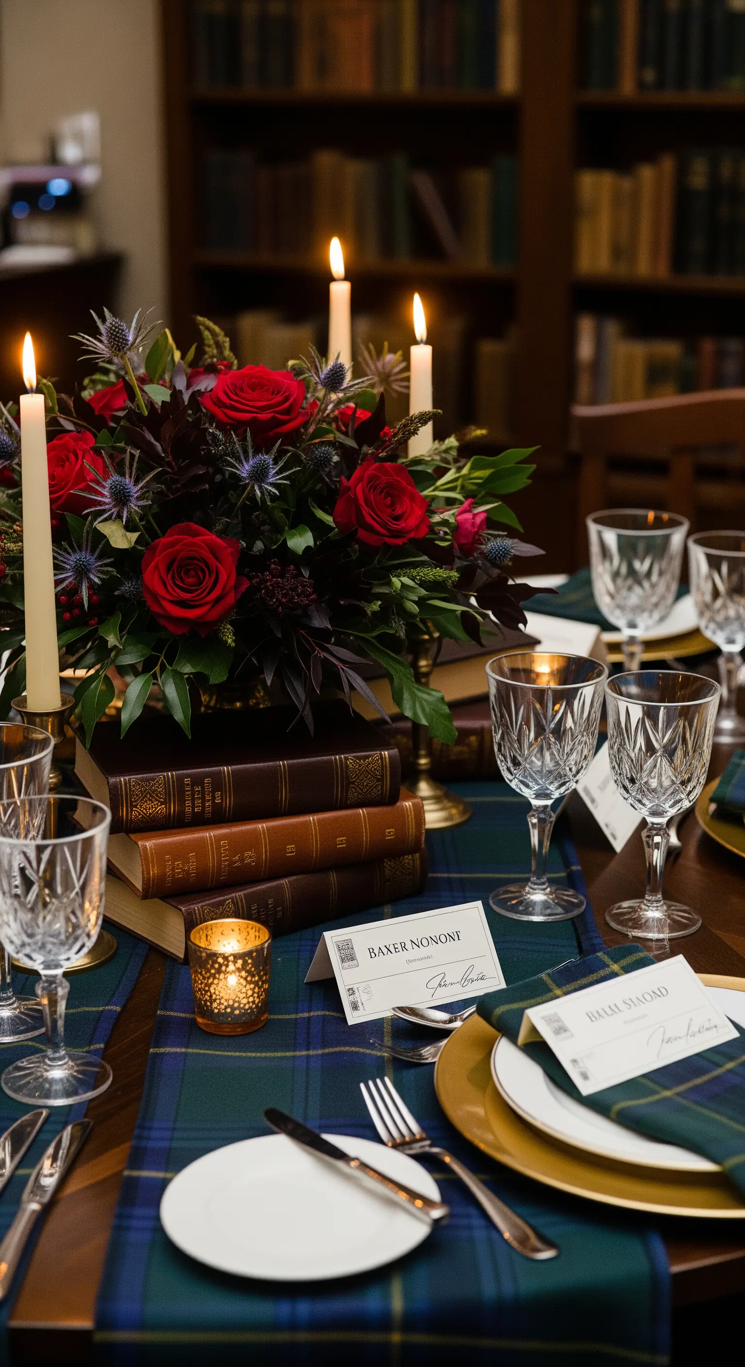 Tavola a tema letterario con runner scozzese, libri antichi e rose rosse.