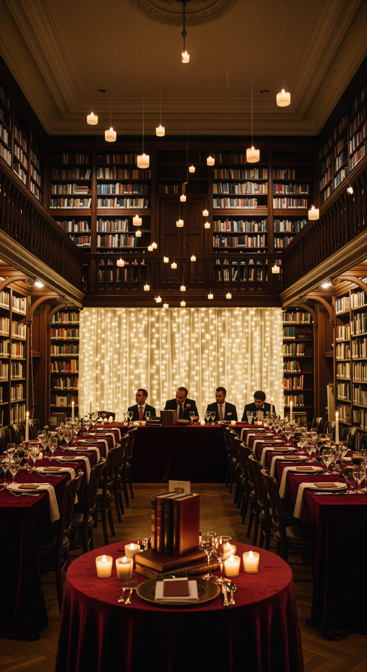 Cena elegante in una biblioteca con pareti di libri, candele sospese e una tenda di luci.