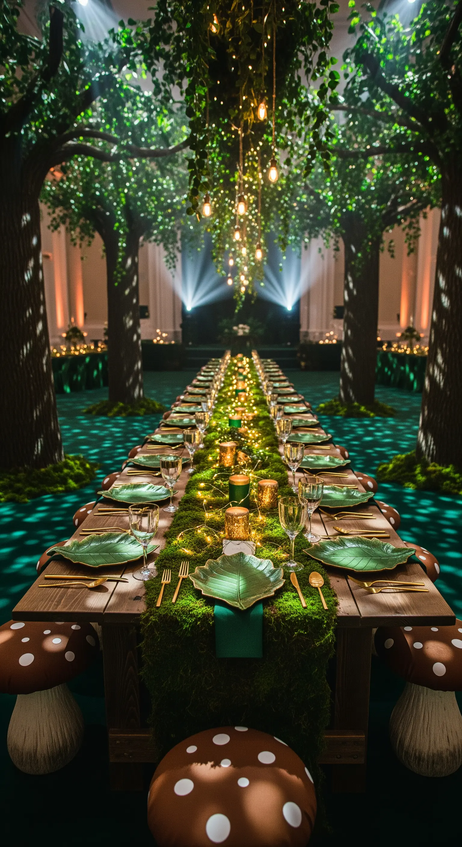 Lungo tavolo da banchetto decorato con muschio, luci calde e sedute a forma di fungo in una sala.