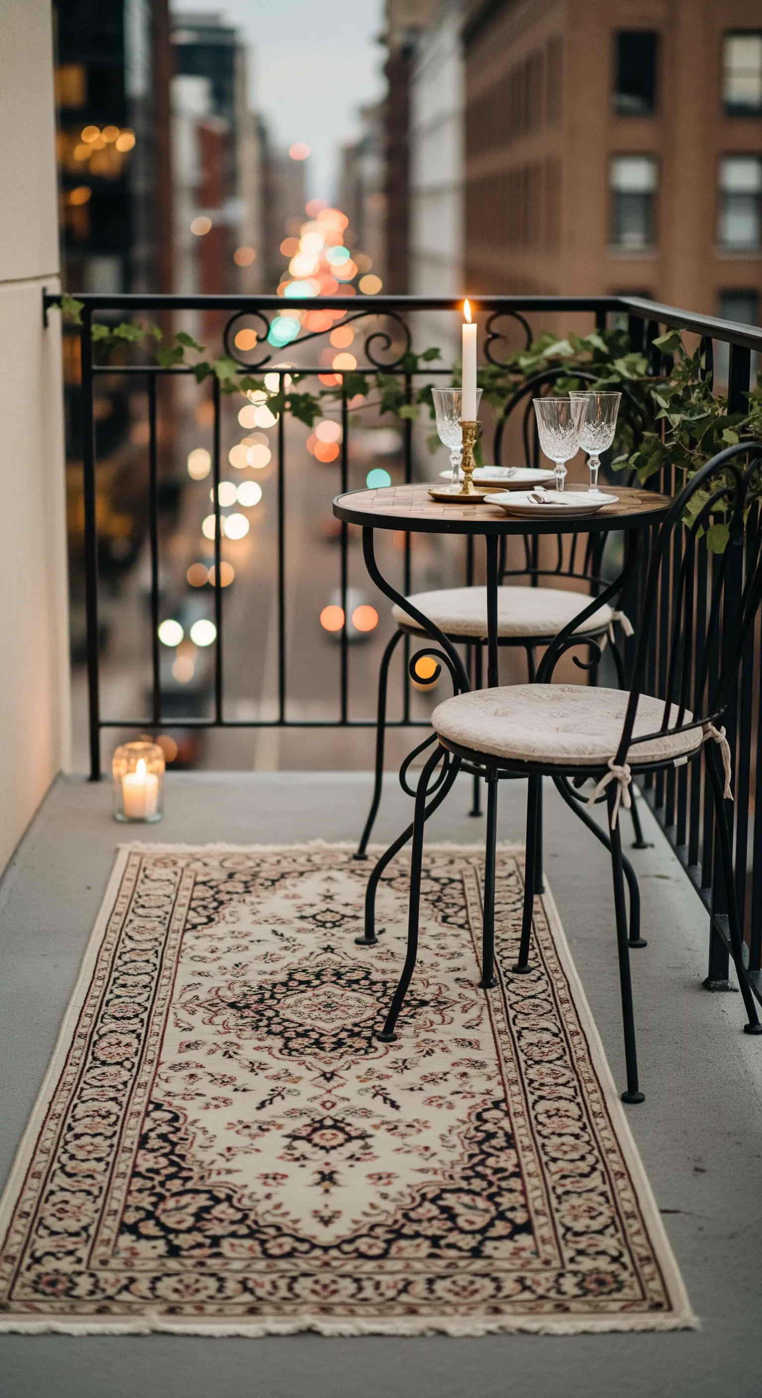 Piccolo set da bistrò su un balcone con tappeto persiano e vista sulla città.
