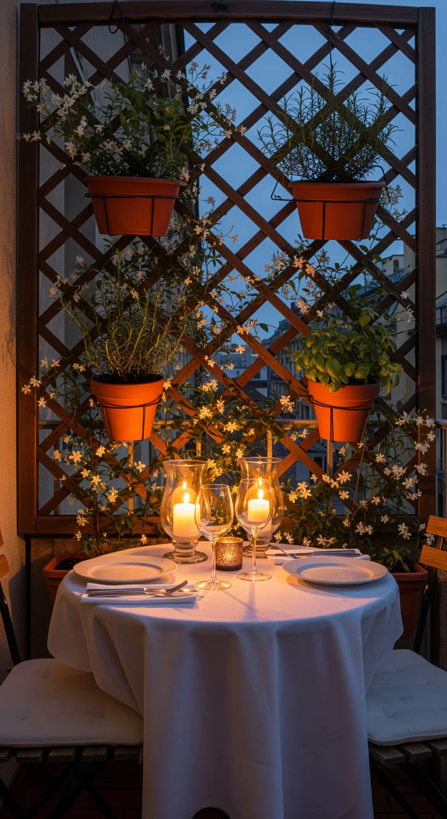 Tavolo per due apparecchiato davanti a un graticcio di legno con piante rampicanti e candele.