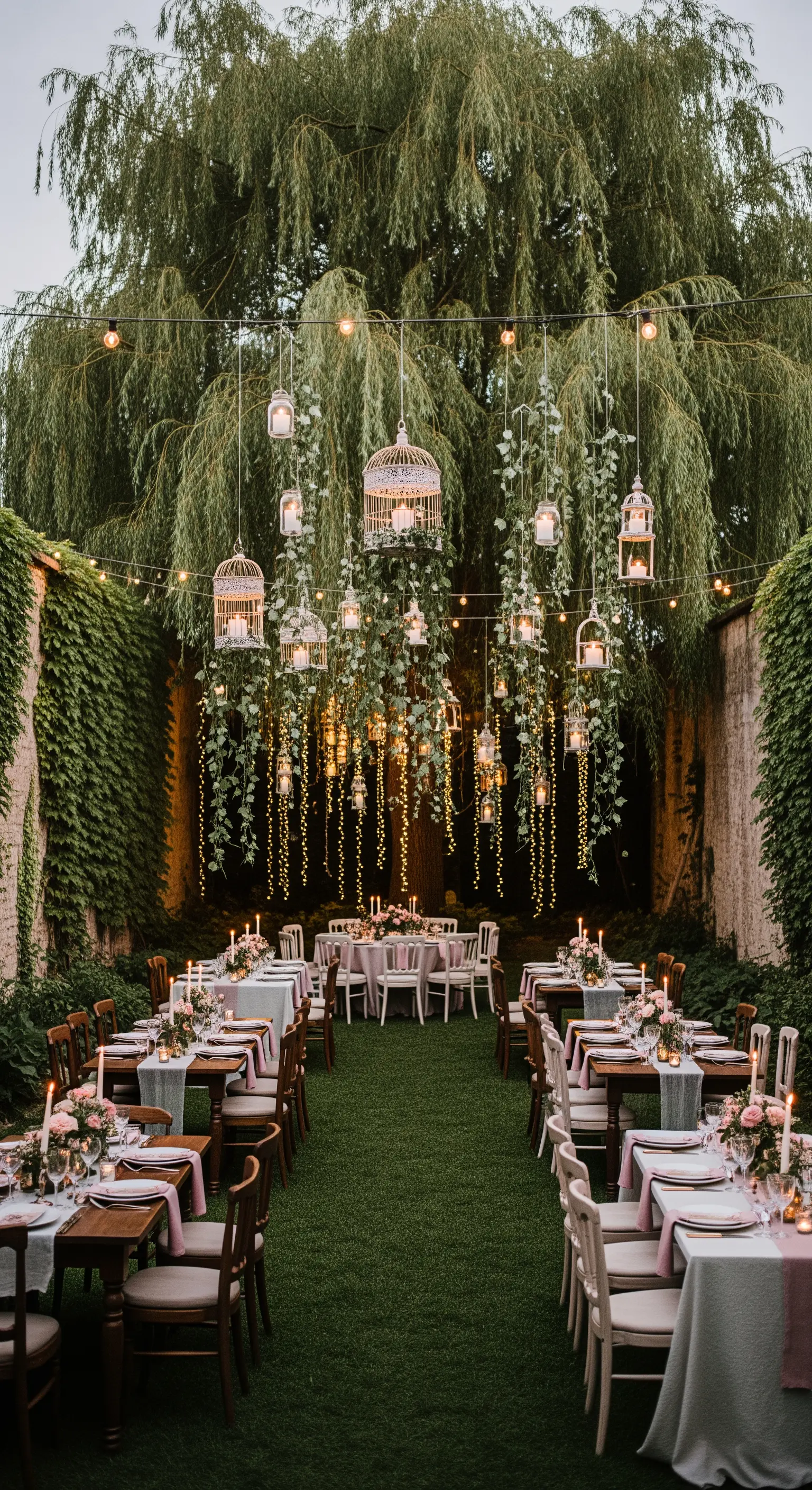 Tavoli all'aperto con lanterne a gabbietta e fili di luci appesi ai rami di un salice.