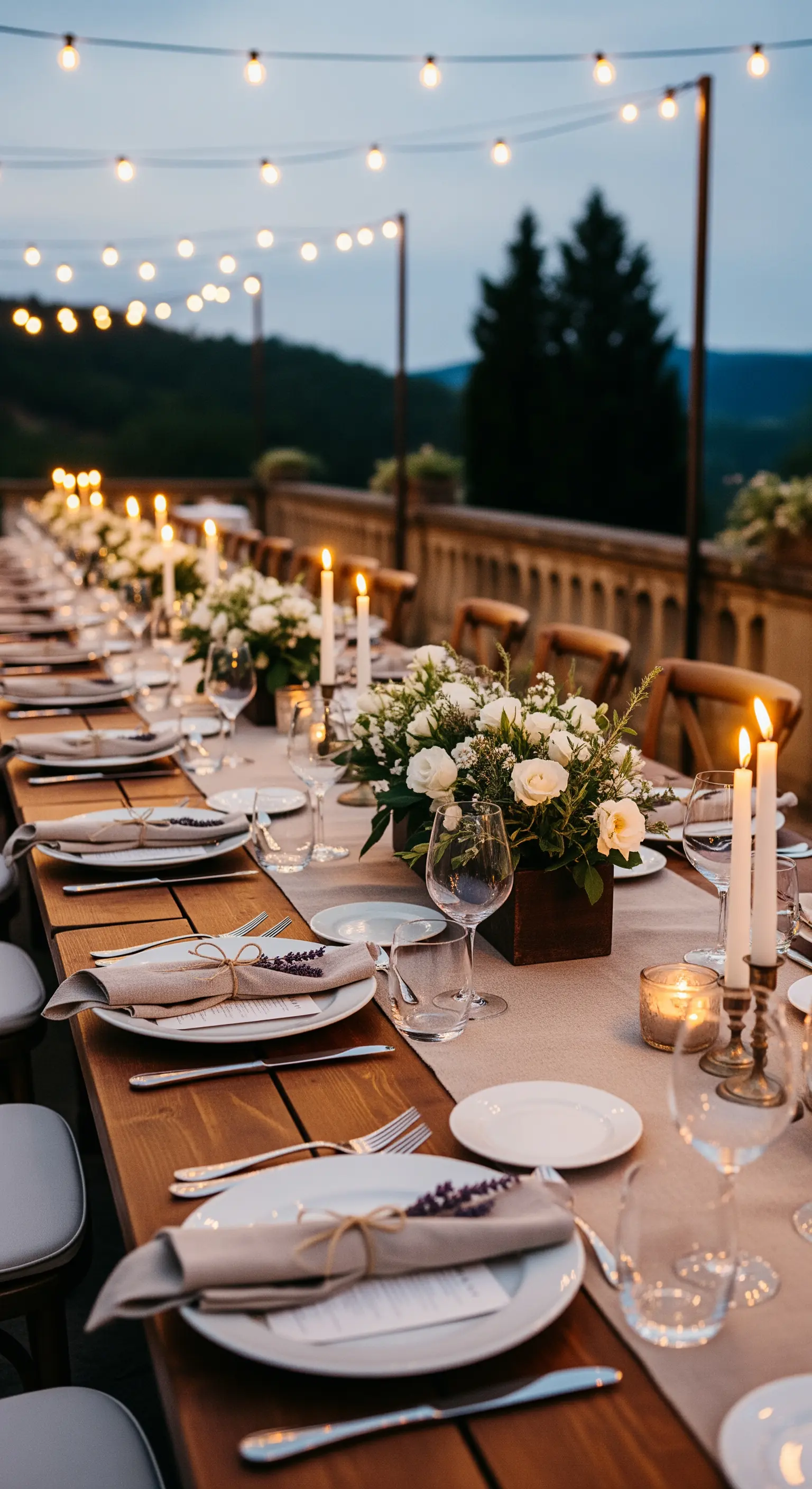 Lunga tavolata all'aperto al crepuscolo, illuminata da fili di lampadine.