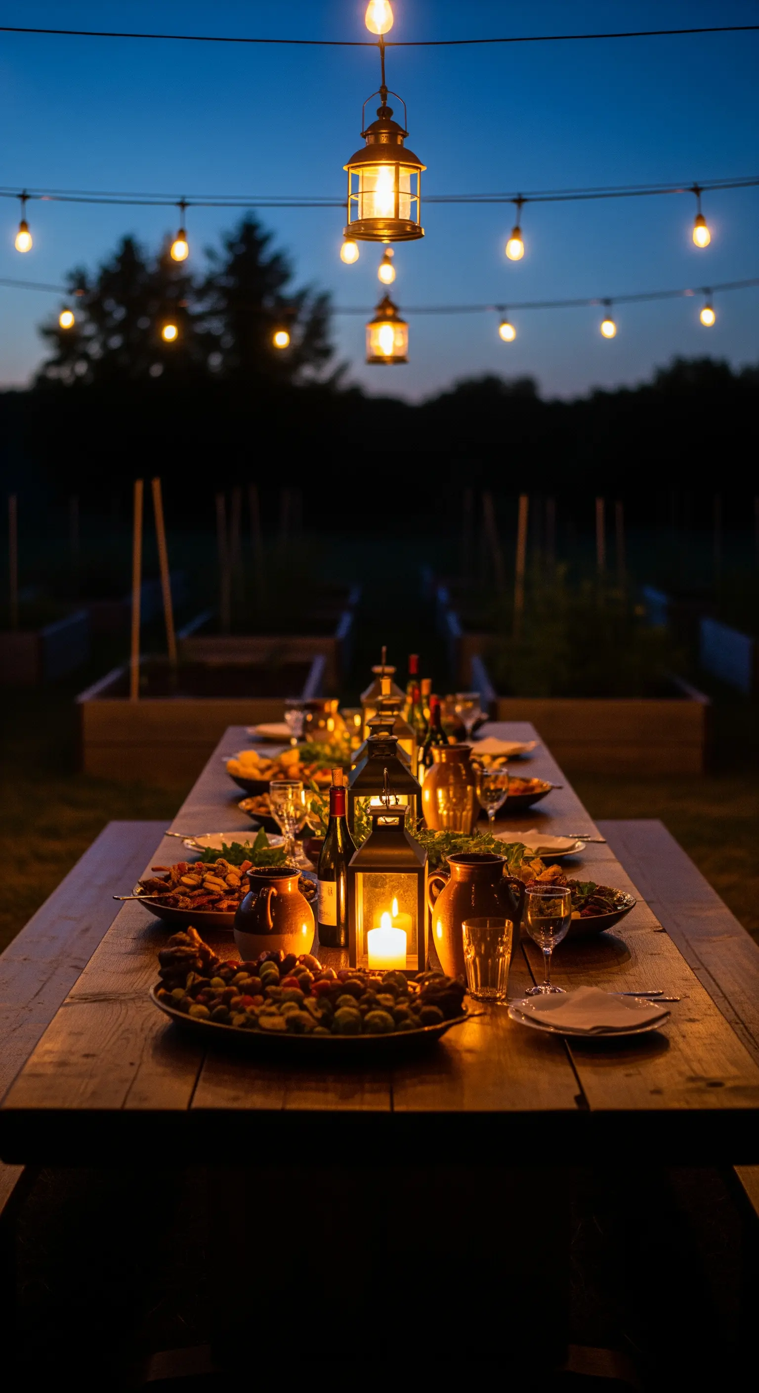 Tavolata in legno illuminata da catenarie di luci e lanterne per una cena serale.