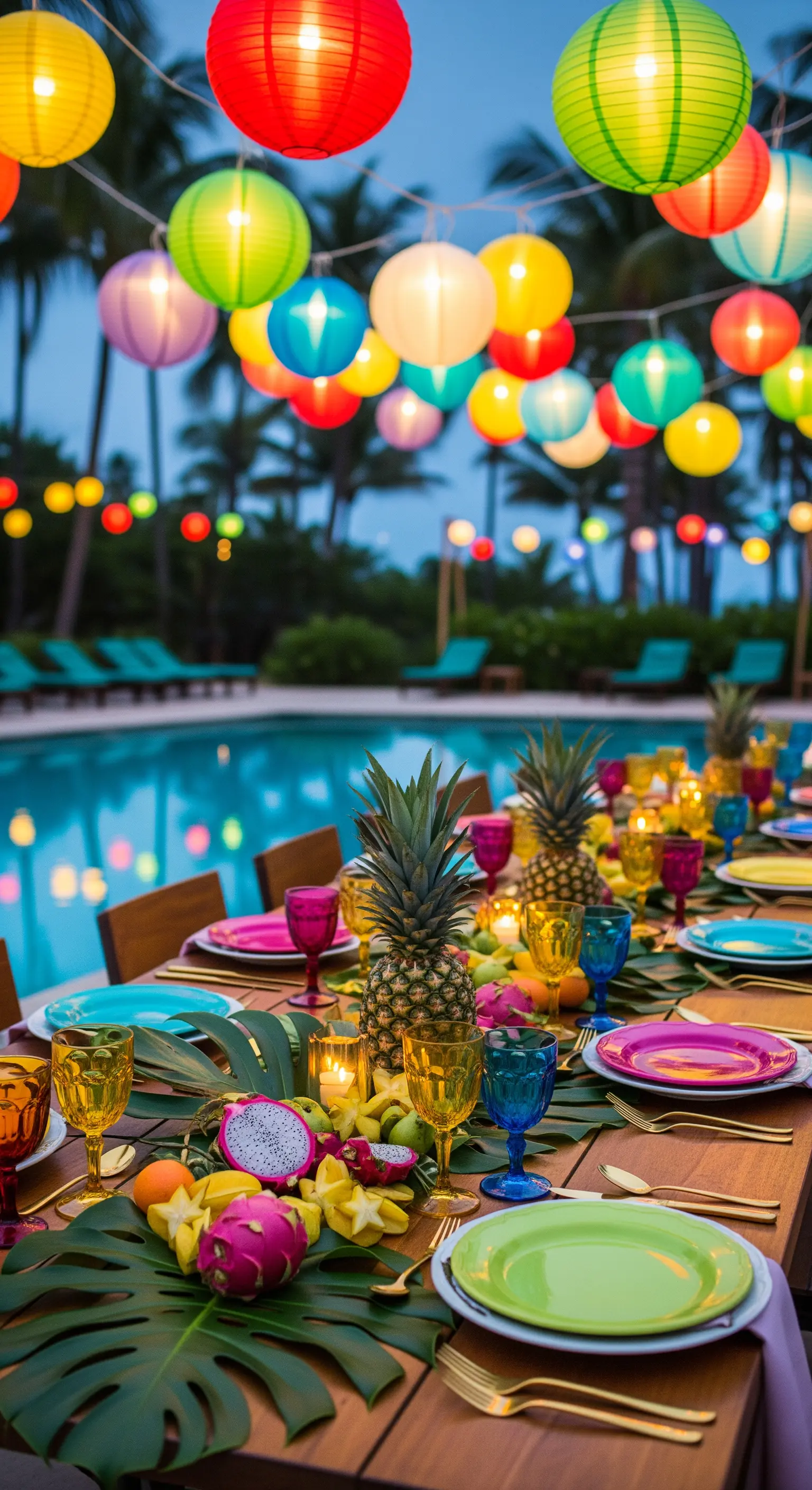 Tavola imbandita per una cena all'aperto, illuminata da lanterne di carta colorate appese.