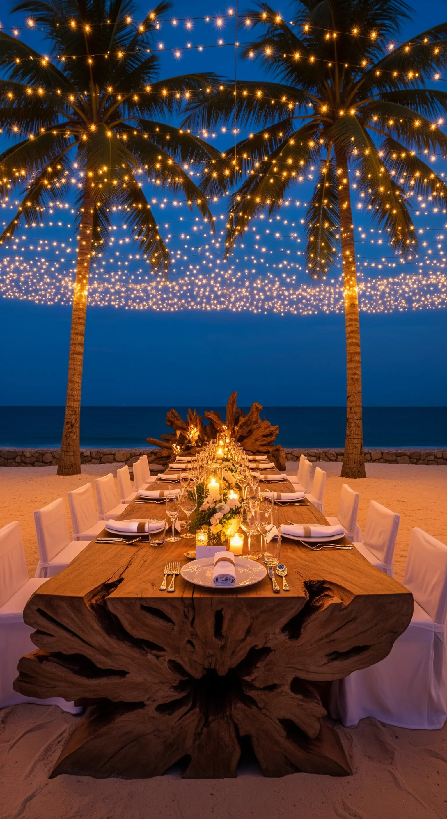 Lunga tavola in legno sulla spiaggia illuminata da un soffitto di lucine e candele
