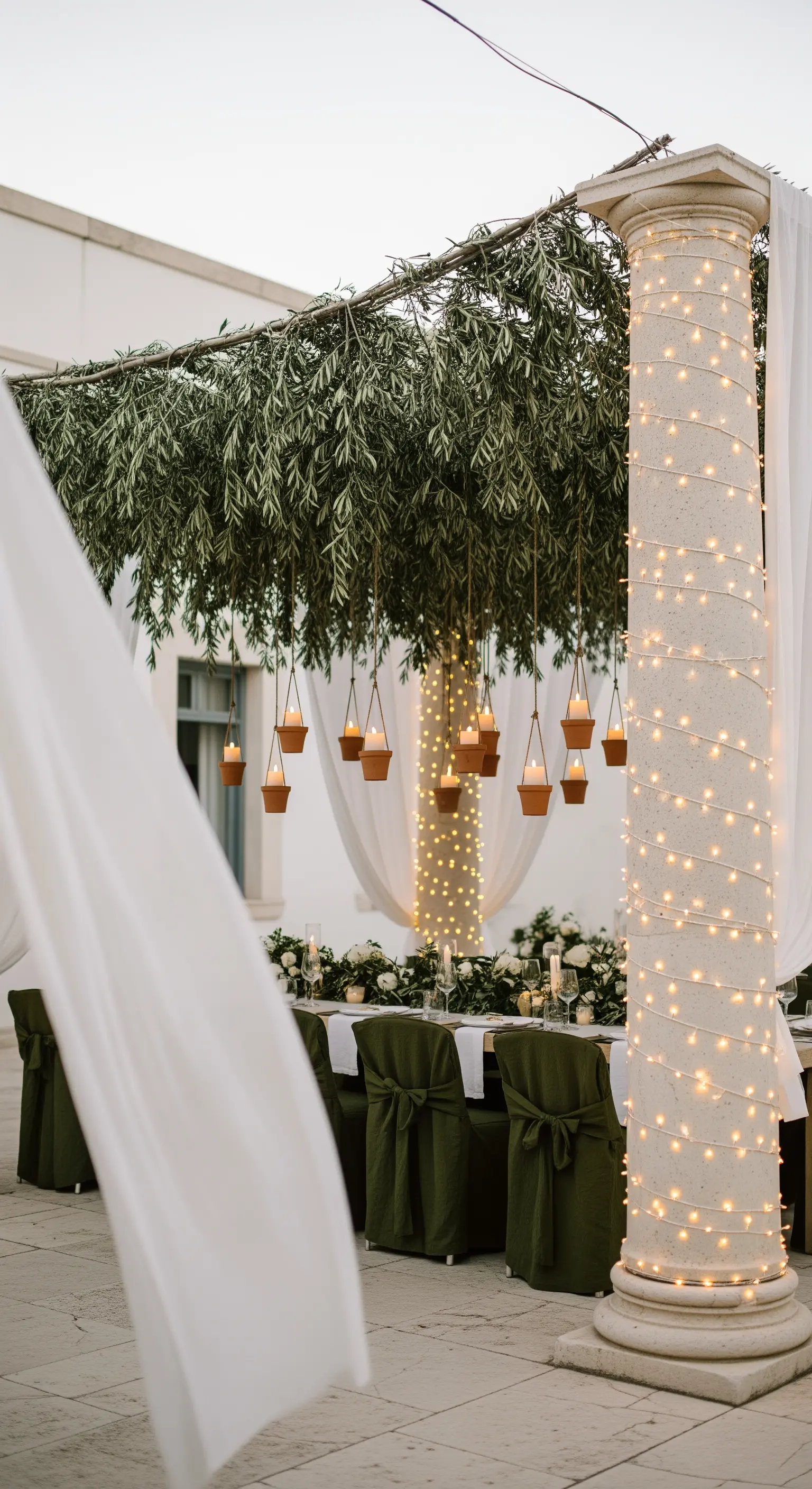 Tavolo sotto un pergolato di rami d'ulivo, con candele in vasi di terracotta e lucine.