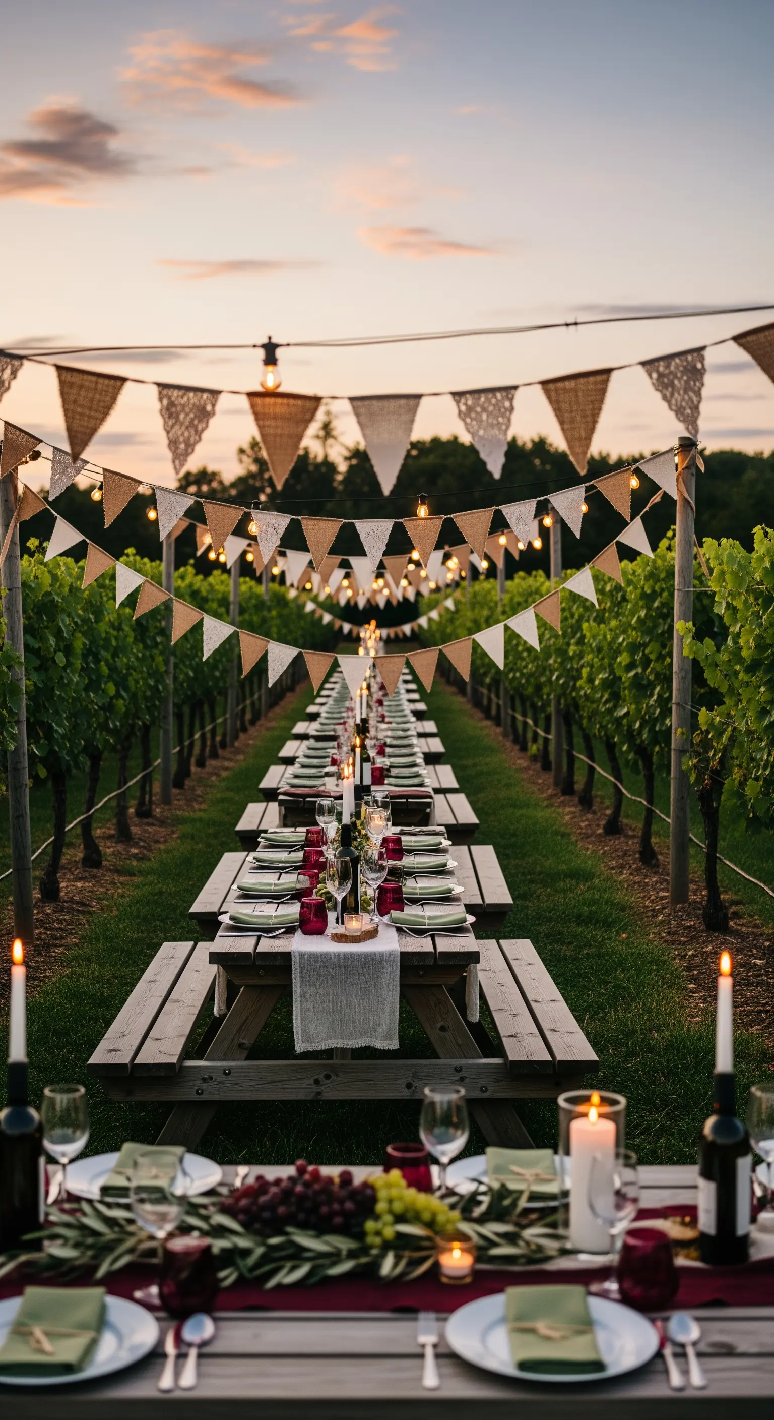 Lunga tavolata in un vigneto con bandierine di iuta e luci calde al tramonto.