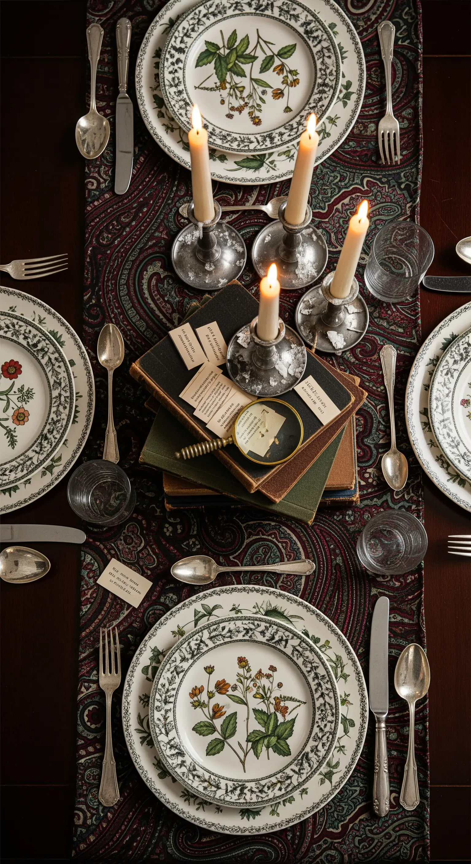 Tavola a tema letterario con libri antichi, piatti botanici e candelabri in peltro