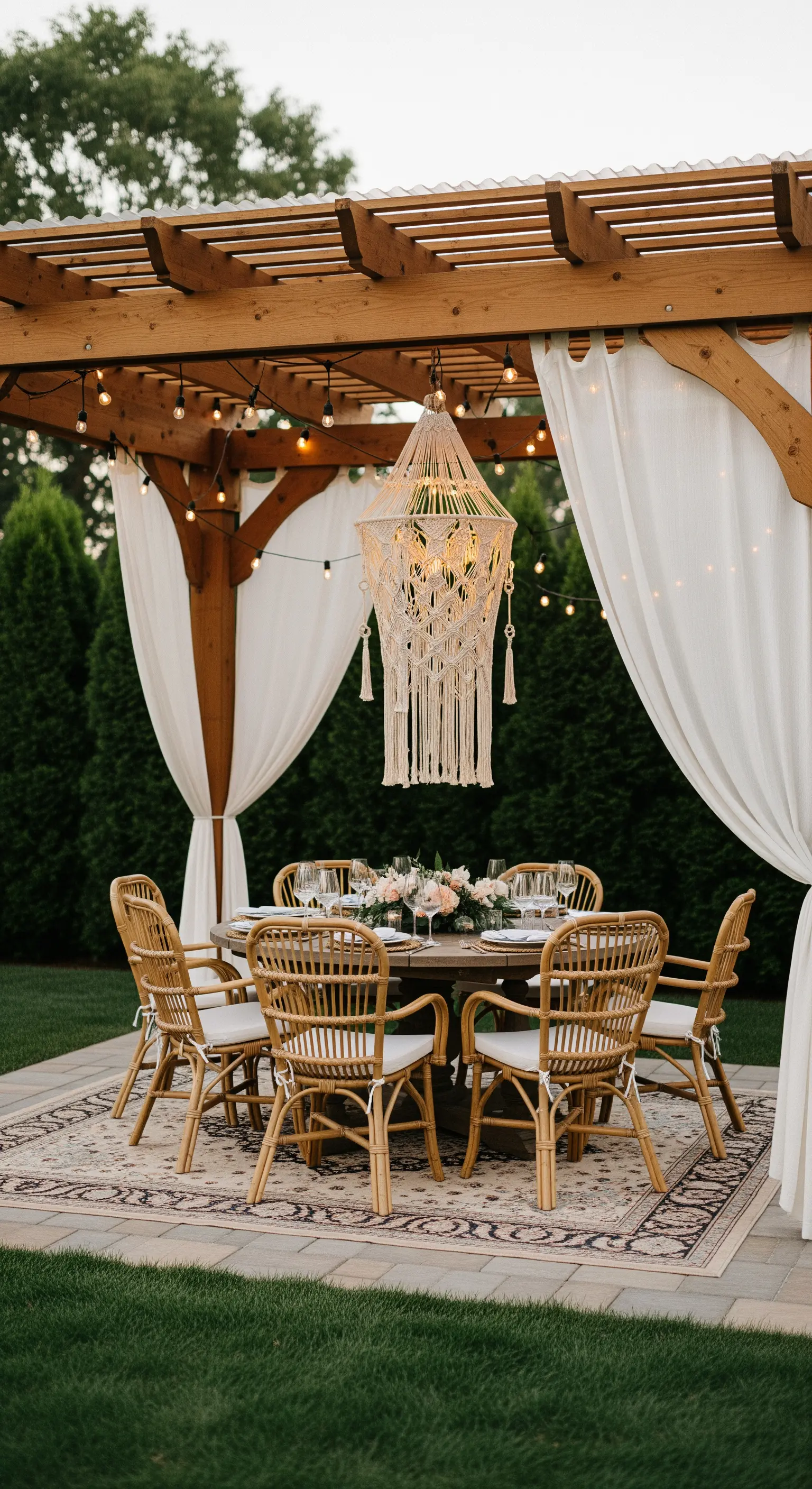 Zona pranzo in giardino sotto un pergolato con lampadario in macramè e sedie in rattan.