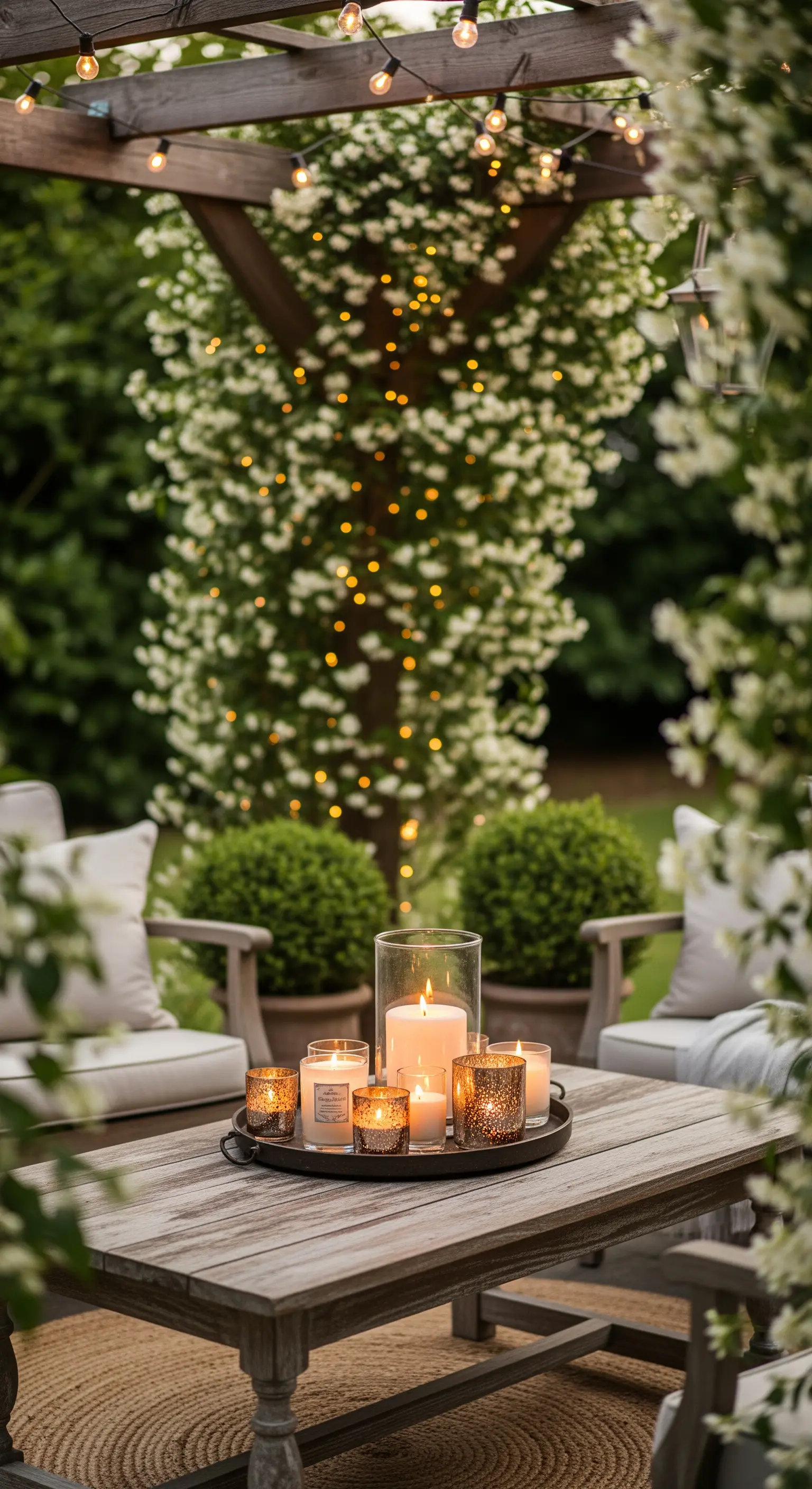 Vassoio su un tavolino in legno con un assortimento di candele in vasi di vetro.