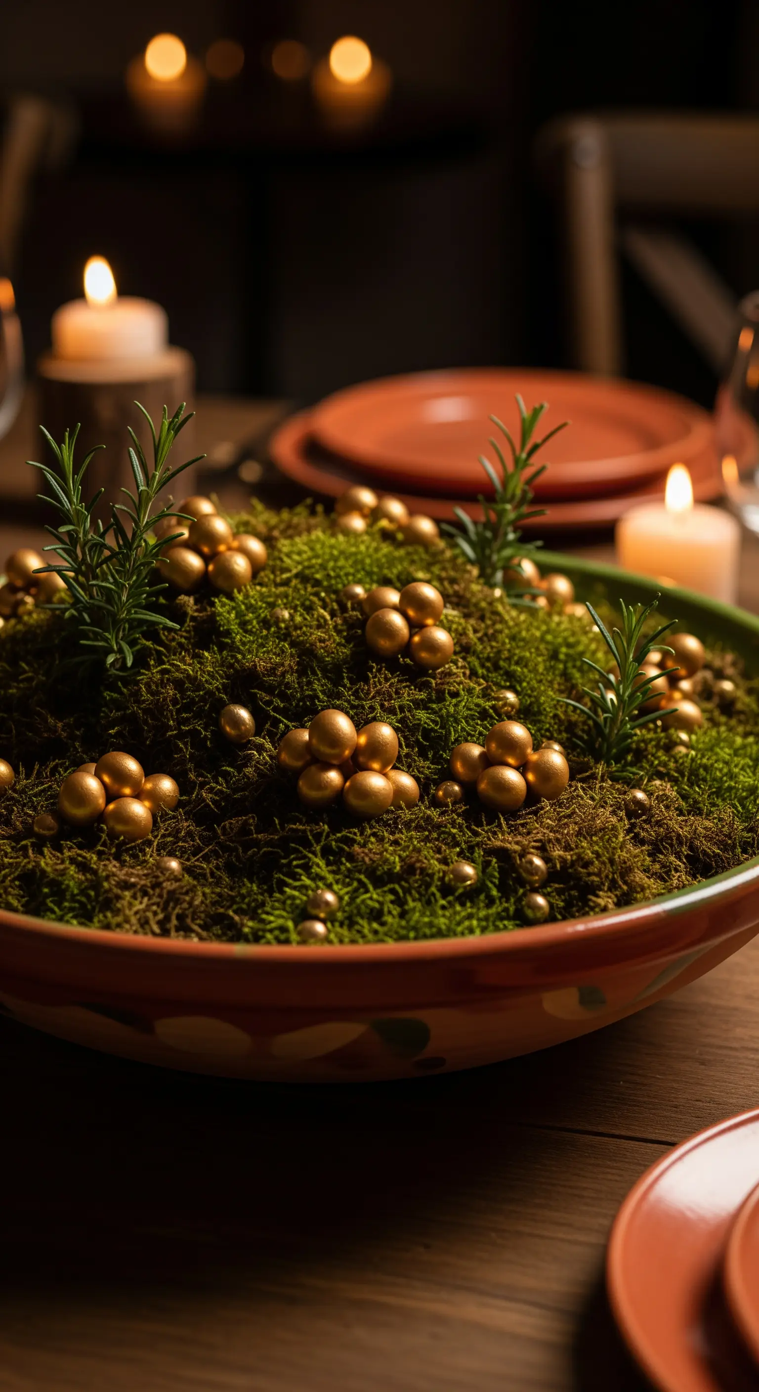 Centrotavola con muschio, piccole sfere dorate e rametti di rosmarino su una tavola illuminata da candele.