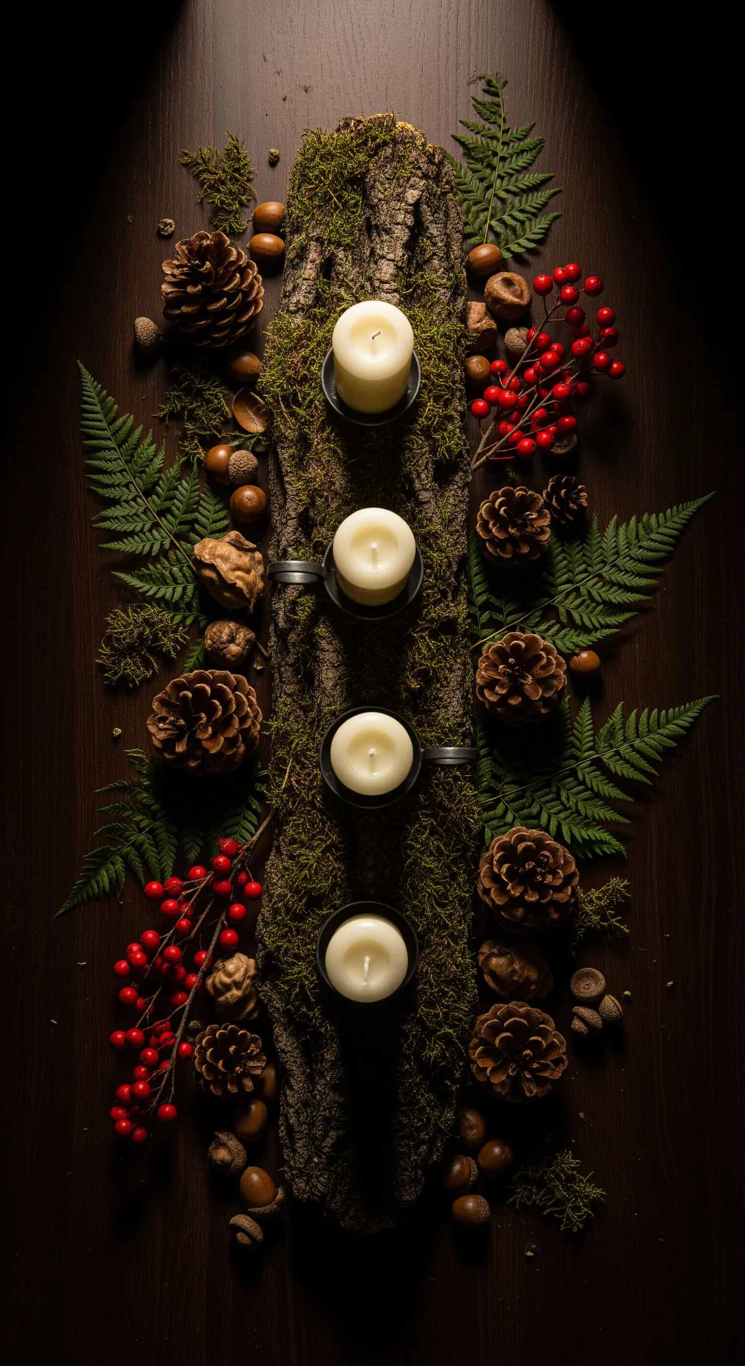 Centrotavola rustico con candele, muschio, pigne e bacche su corteccia.
