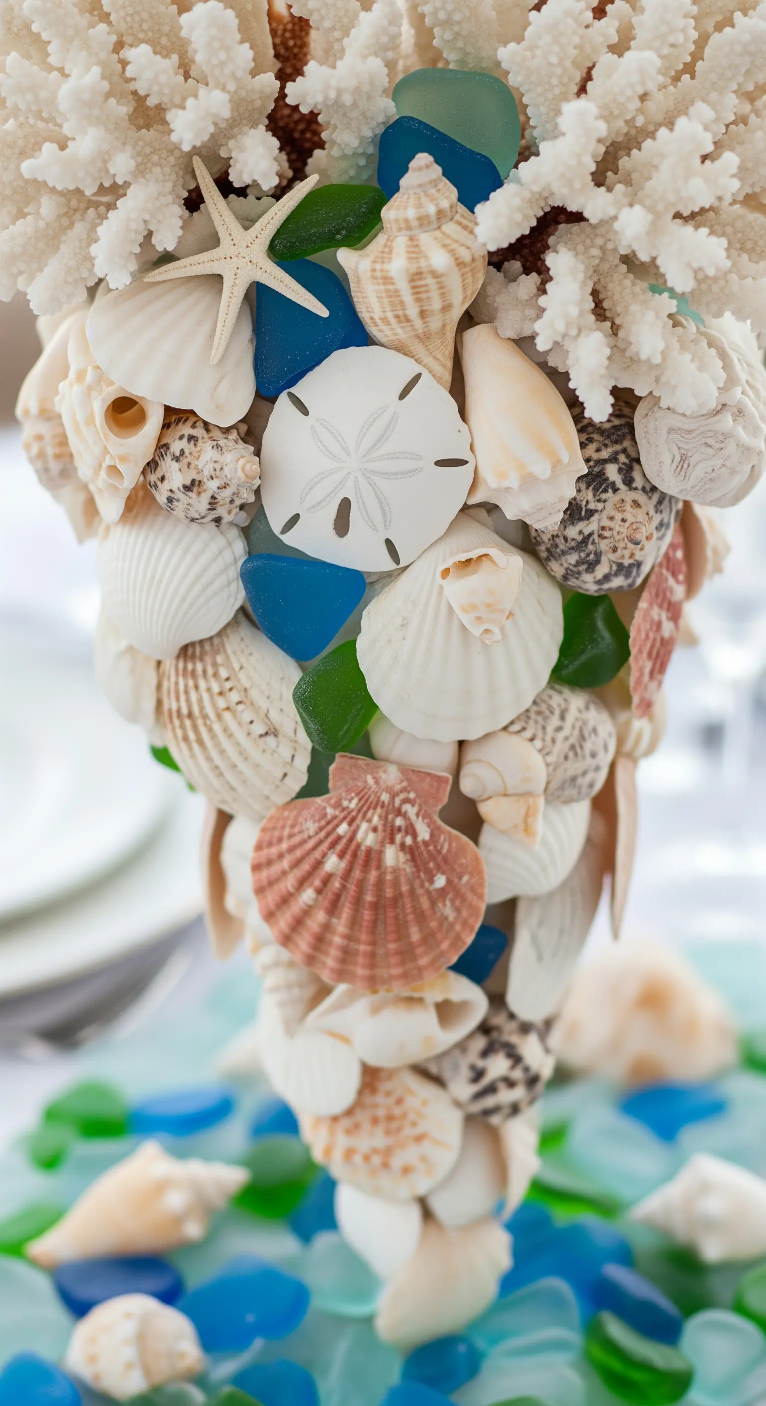 Centrotavola realizzato con un assemblaggio di coralli, conchiglie e stelle marine