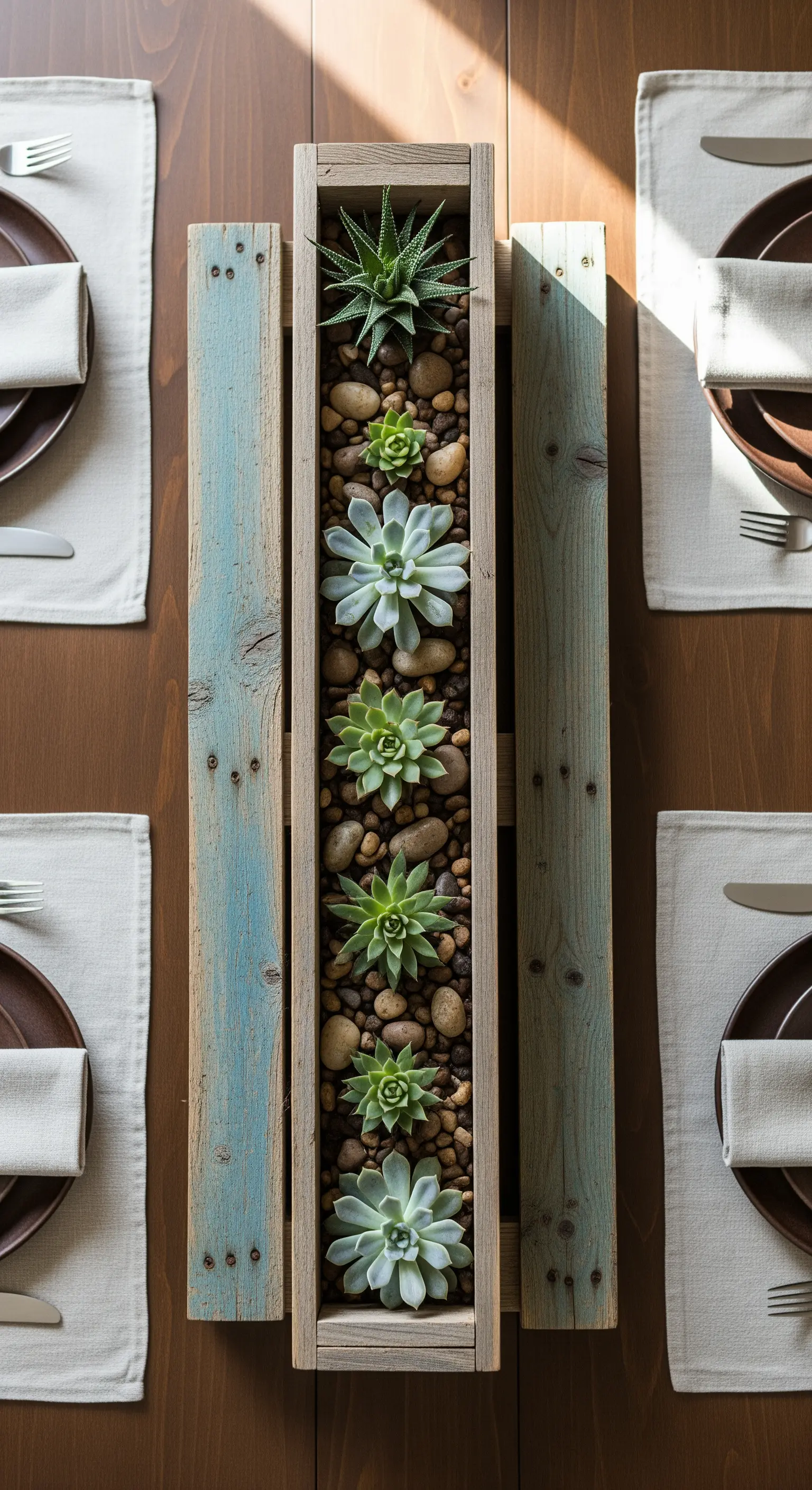 Centrotavola lungo e stretto in legno di recupero, riempito con sassi e piante grasse.