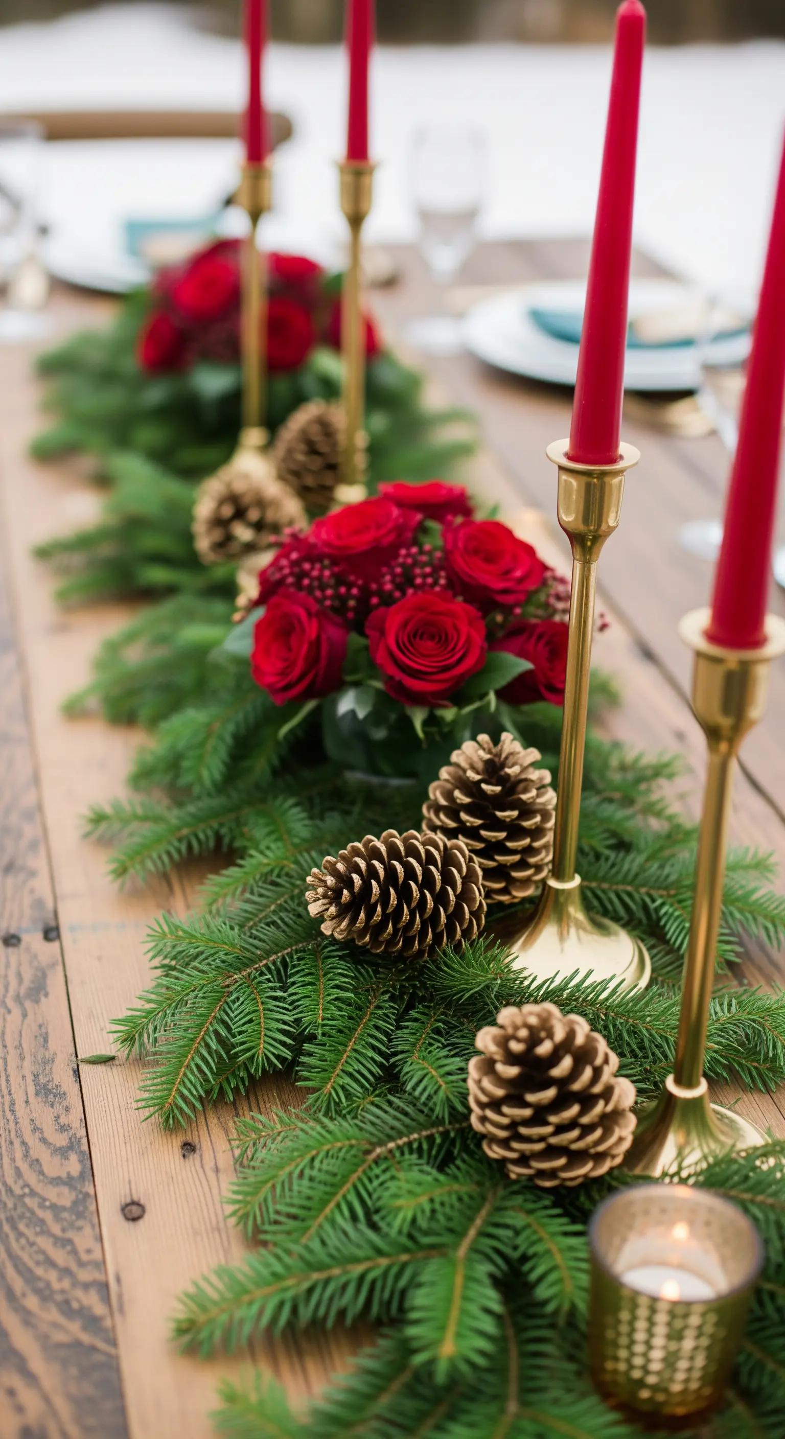 Centrotavola invernale con rami di pino, pigne dorate, rose rosse e candele.
