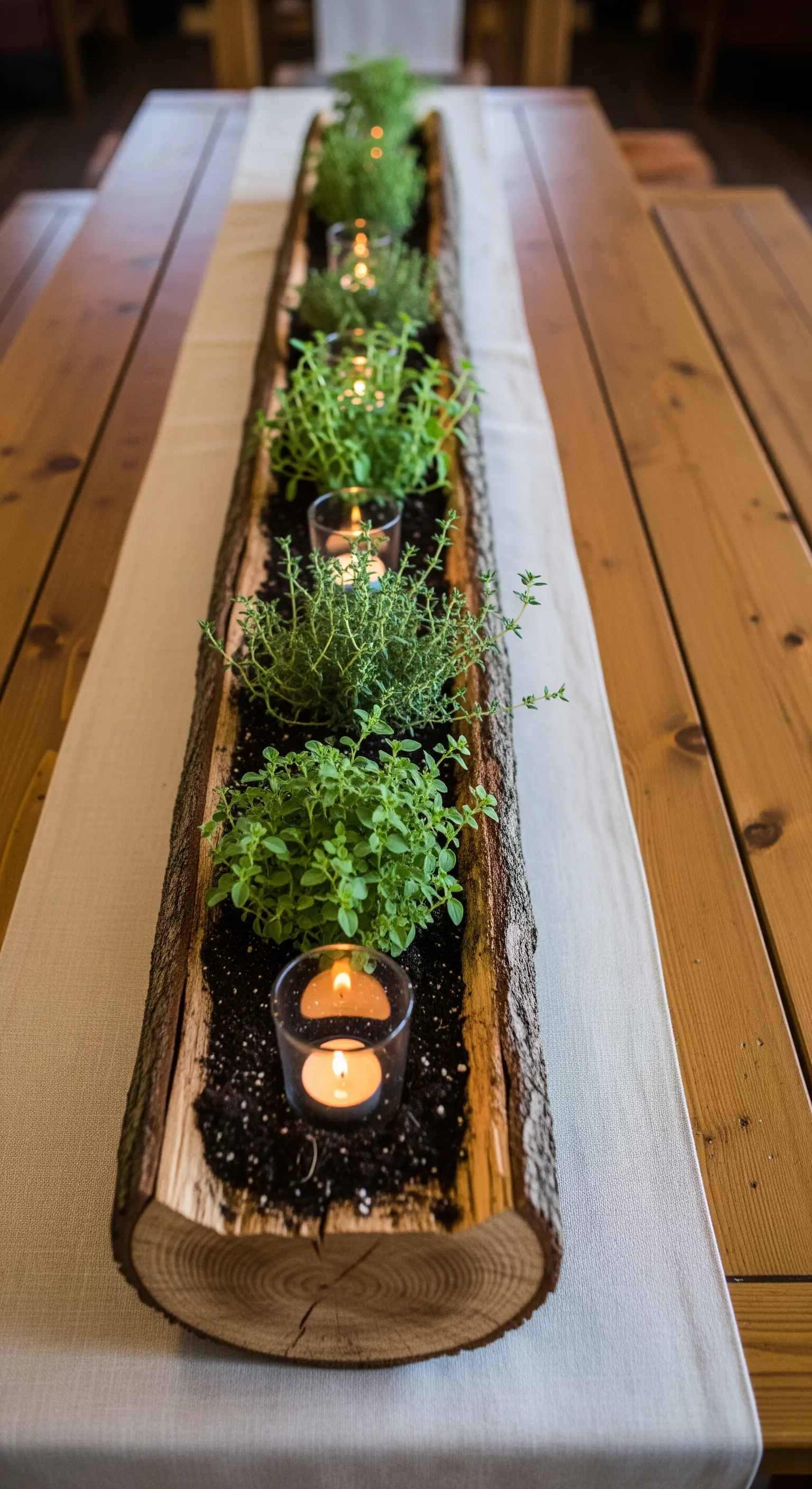 Centrotavola rustico realizzato con un tronco scavato, riempito di erbe aromatiche e candele.