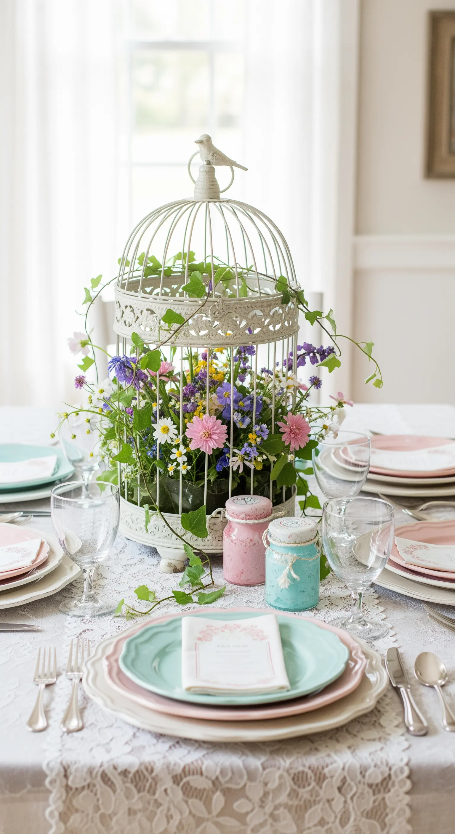 Centrotavola shabby chic con una gabbietta per uccelli bianca riempita di fiori di campo colorati