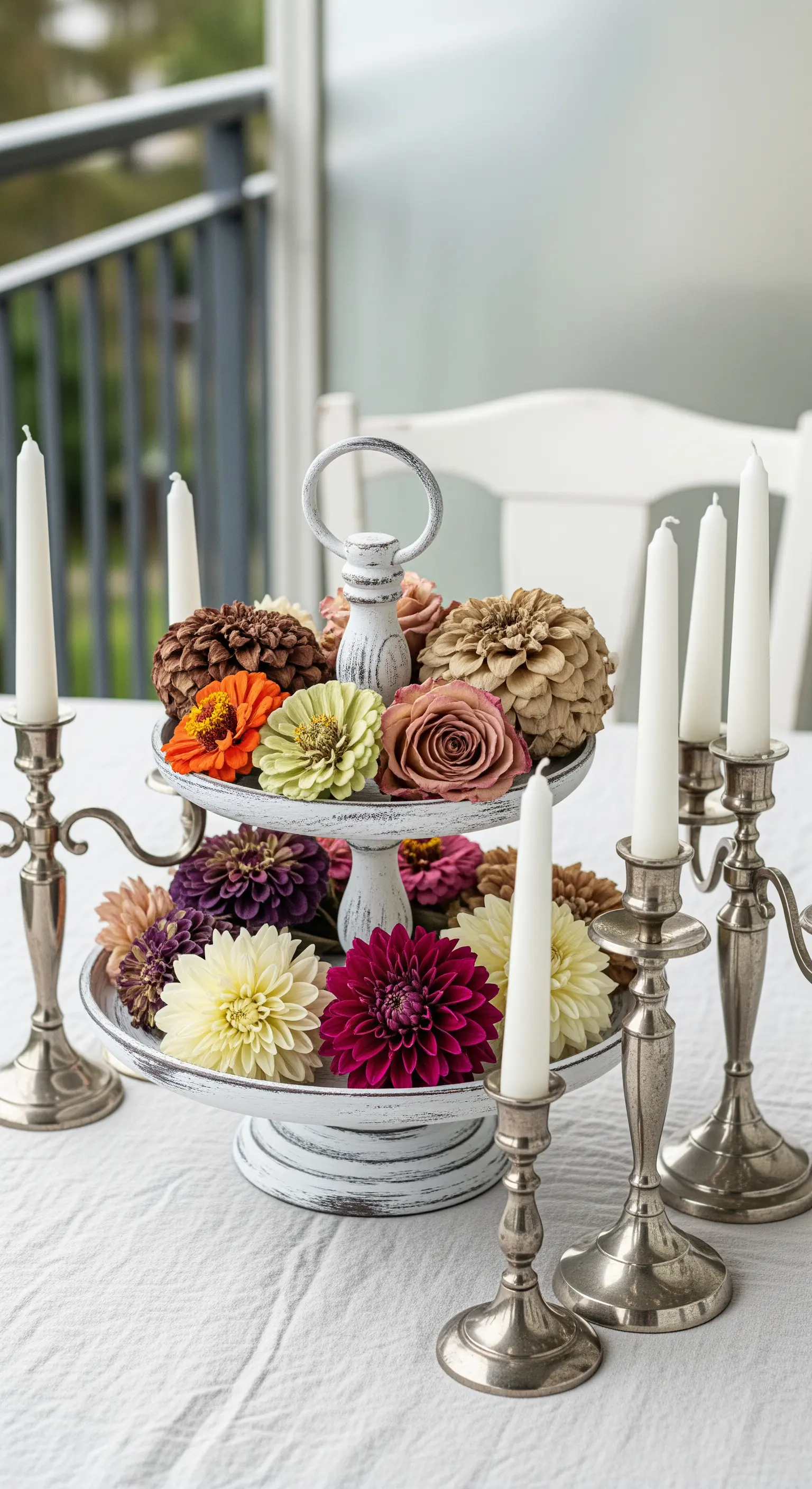 Alzata a due piani bianca con una composizione di fiori finti e pigne, affiancata da candelabri.