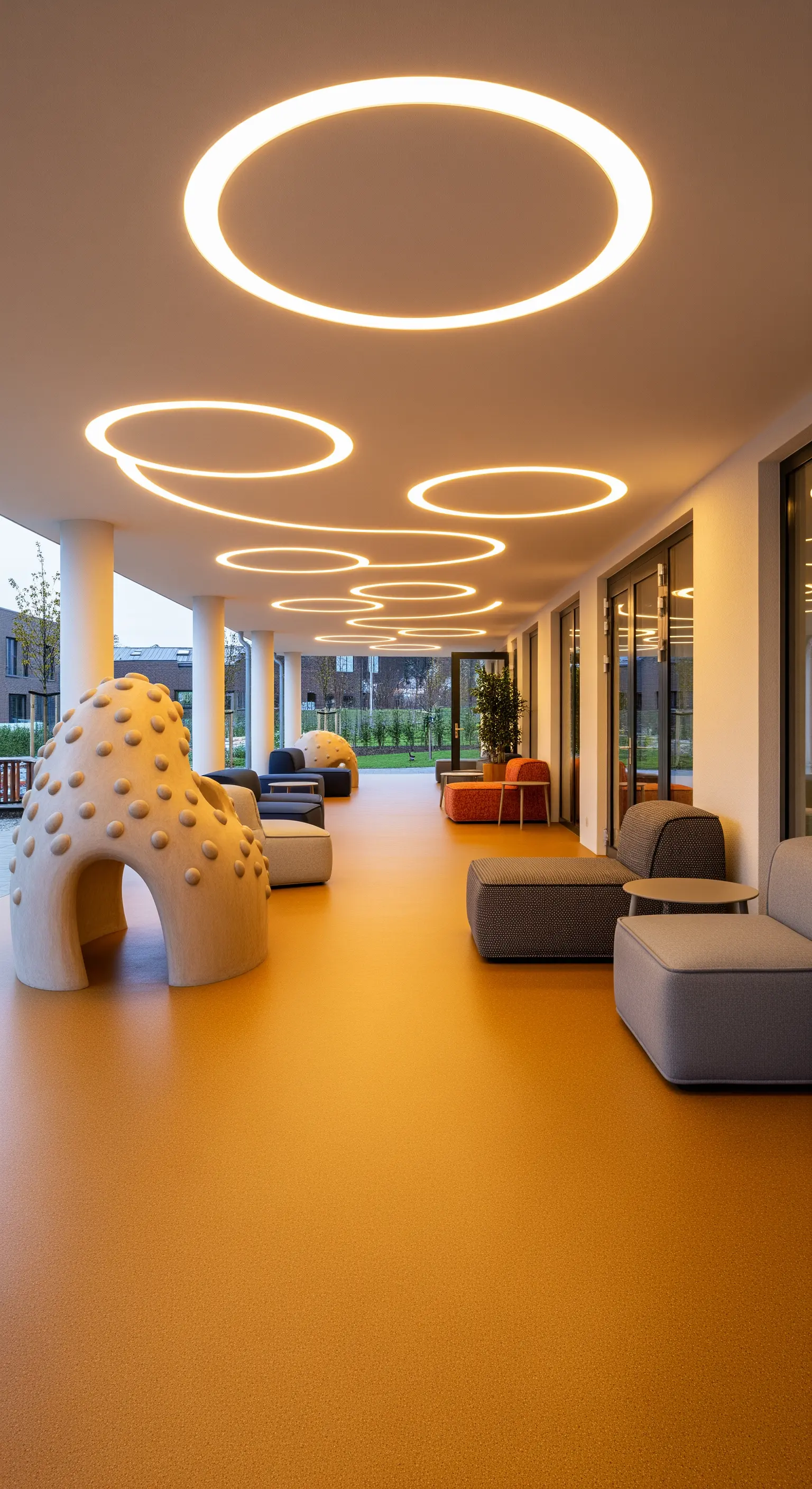 Spazio giochi con pavimento in resina ocra, sedute morbide e grandi lampade a cerchio.