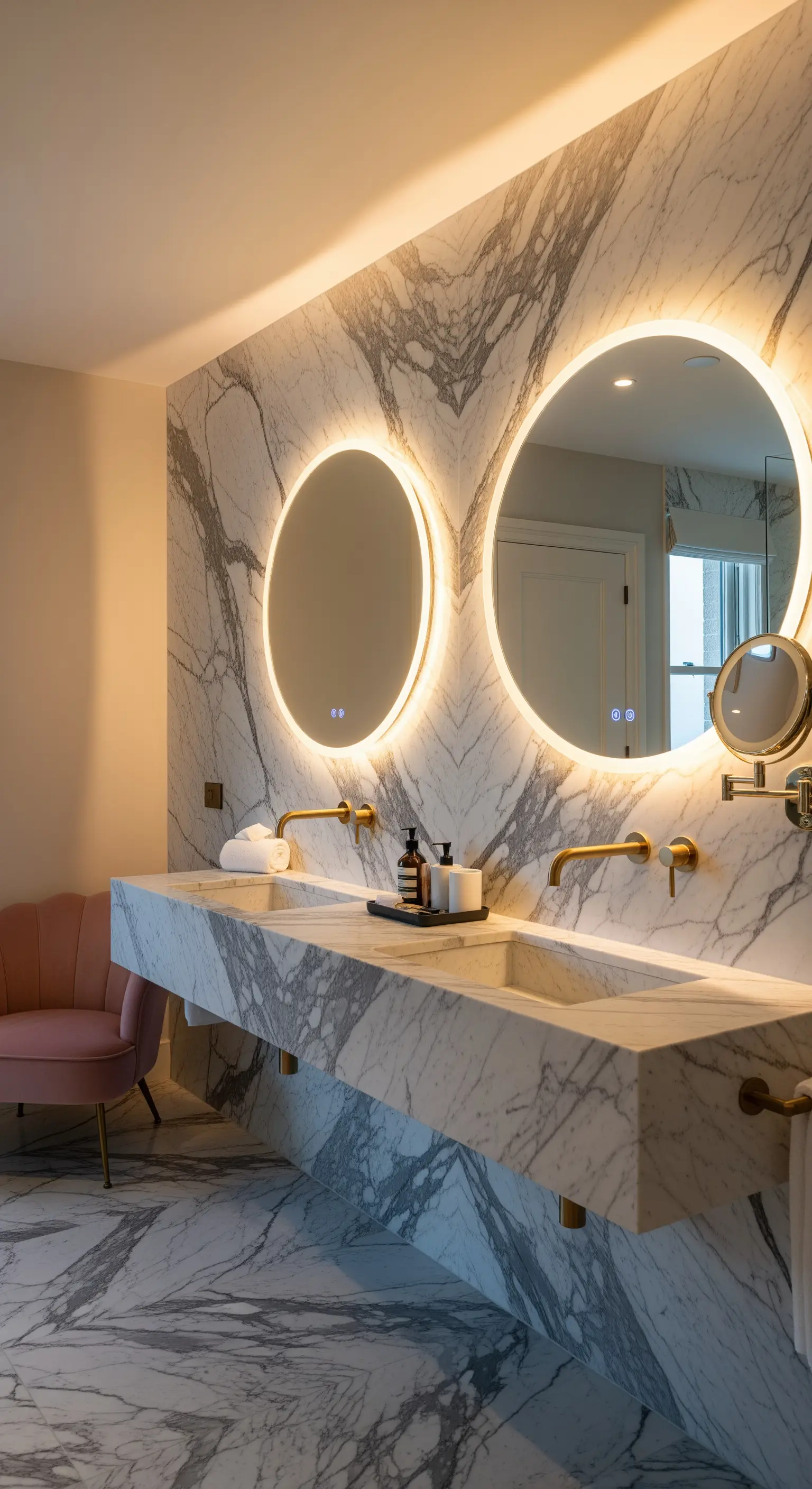 Doppio lavabo in marmo con grandi specchi rotondi retroilluminati e poltroncina rosa.