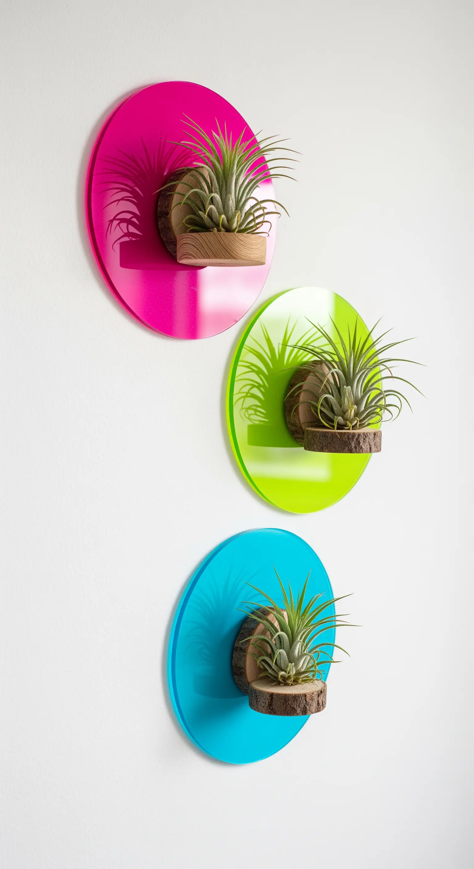 Tre portapiante da parete rotondi con fondo in acrilico colorato (rosa, verde, blu).