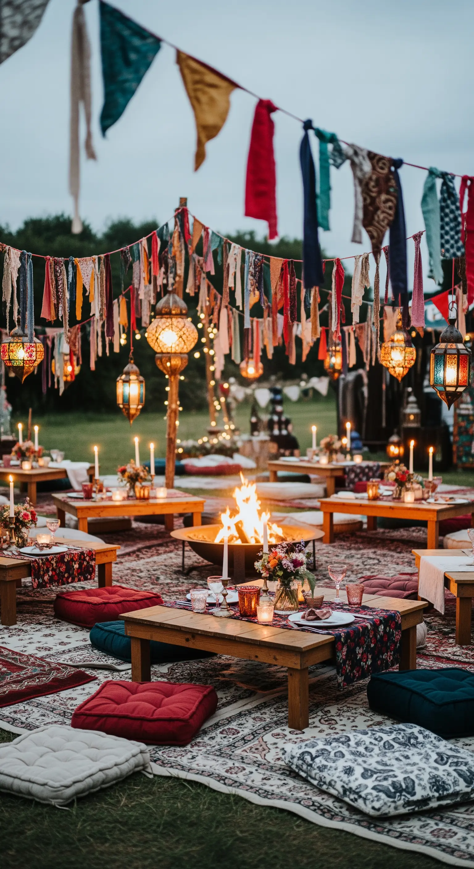 Allestimento bohémien con braciere centrale, tavoli bassi, cuscini e ghirlande di tessuto.