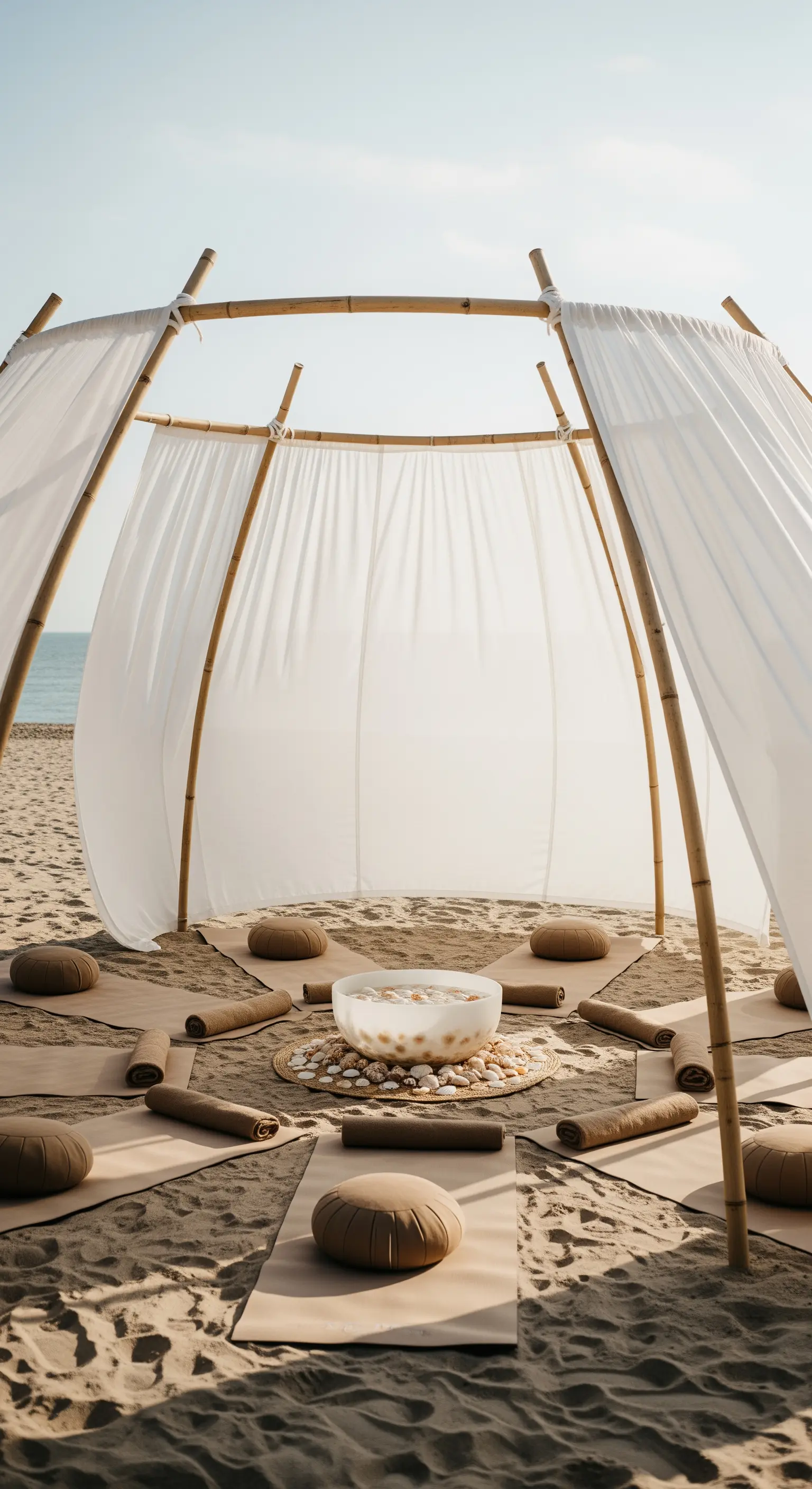 Allestimento per una sessione di yoga sulla spiaggia con tappetini disposti in cerchio.
