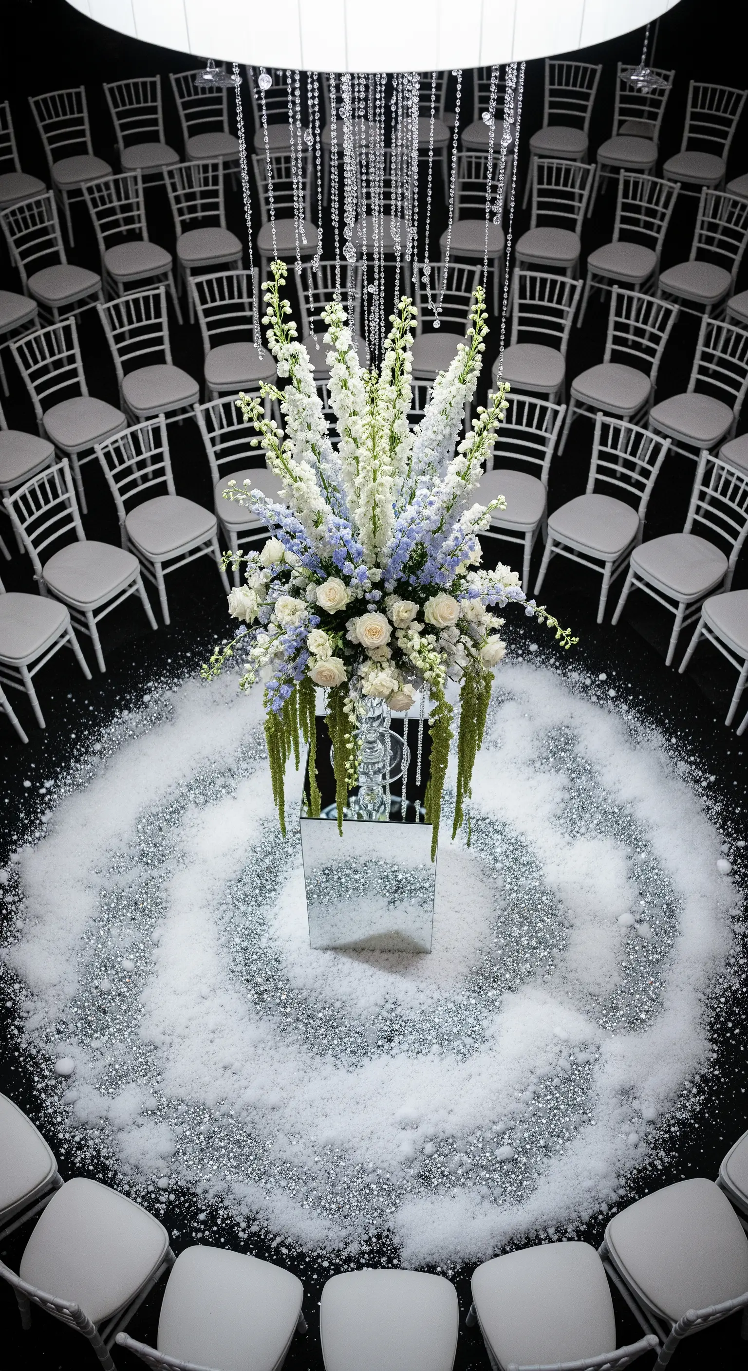 Allestimento per cerimonia in cerchio con composizione floreale centrale su neve finta.
