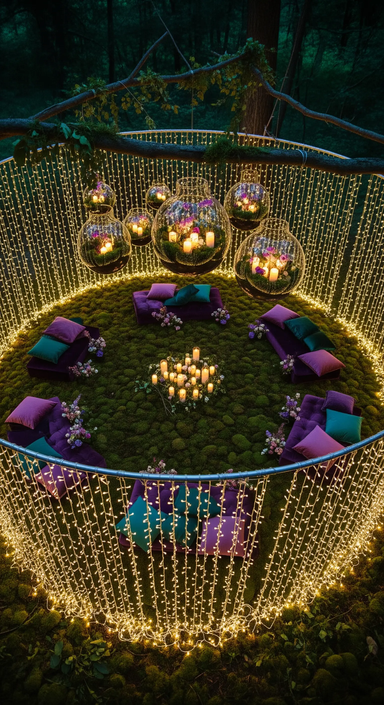 Area lounge circolare in un bosco, definita da una cortina di luci e con candele in sfere di vetro.