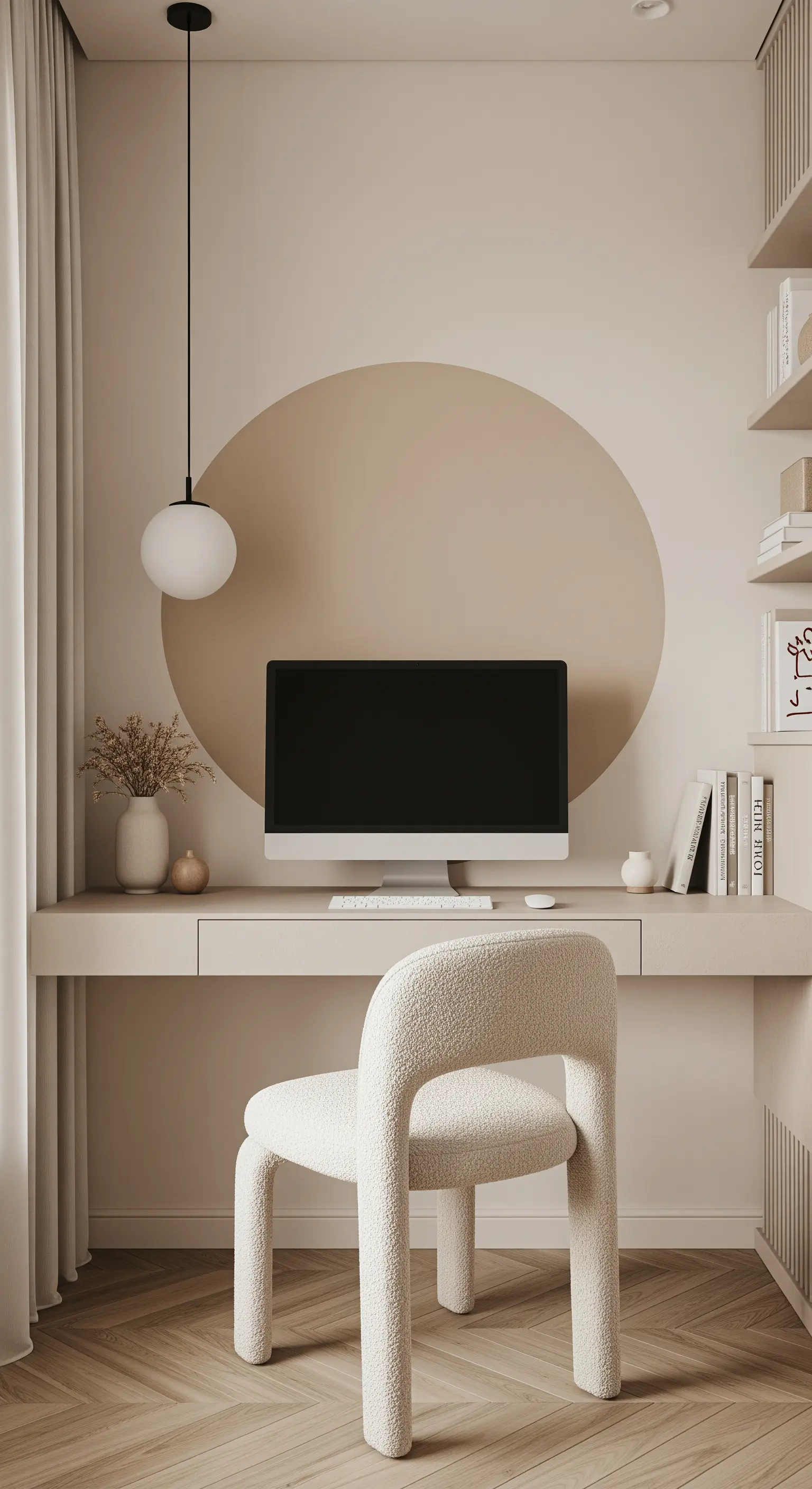 Postazione di lavoro monocromatica beige con un cerchio dipinto sulla parete dietro il monitor.