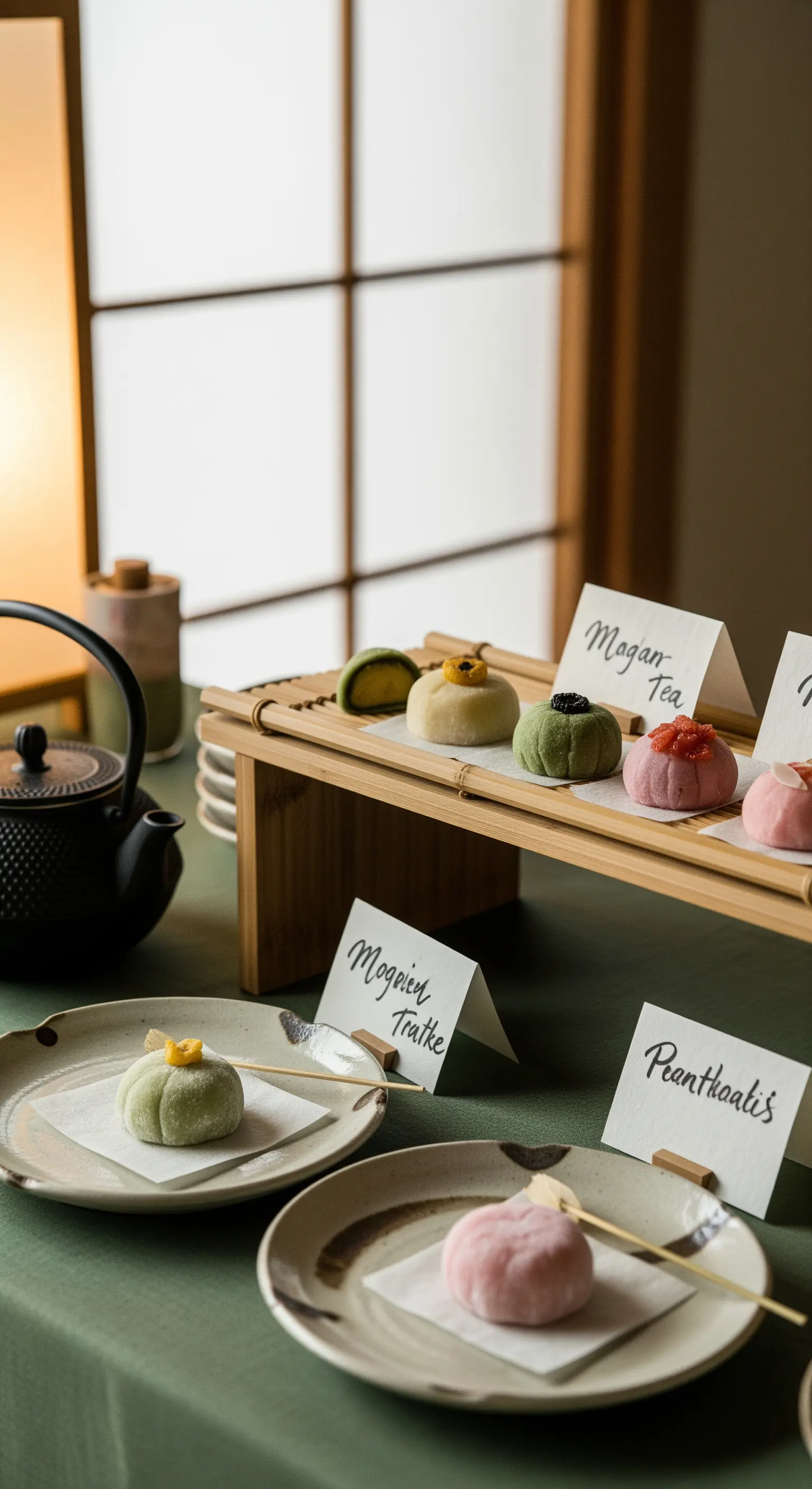 Dolcetti mochi giapponesi serviti su un vassoio di bambù in un ambiente zen con teiera in ghisa.