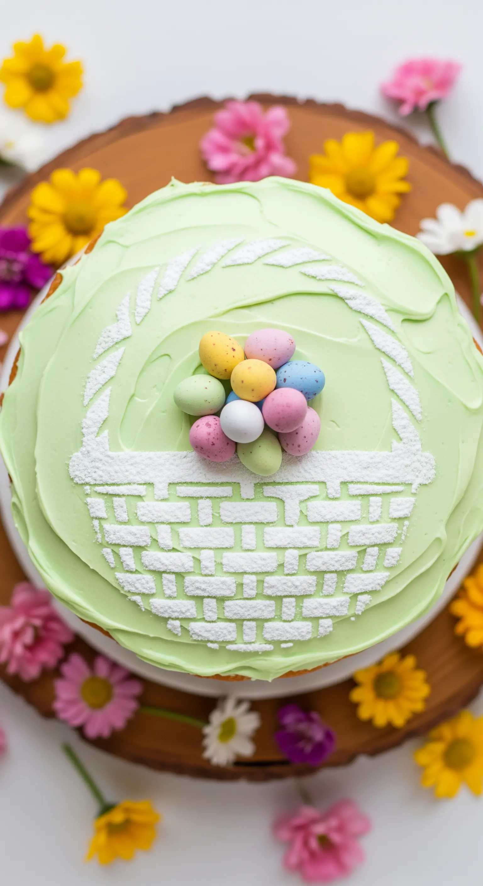Torta pasquale verde decorata con un cesto di zucchero a velo riempito di ovetti di cioccolato.