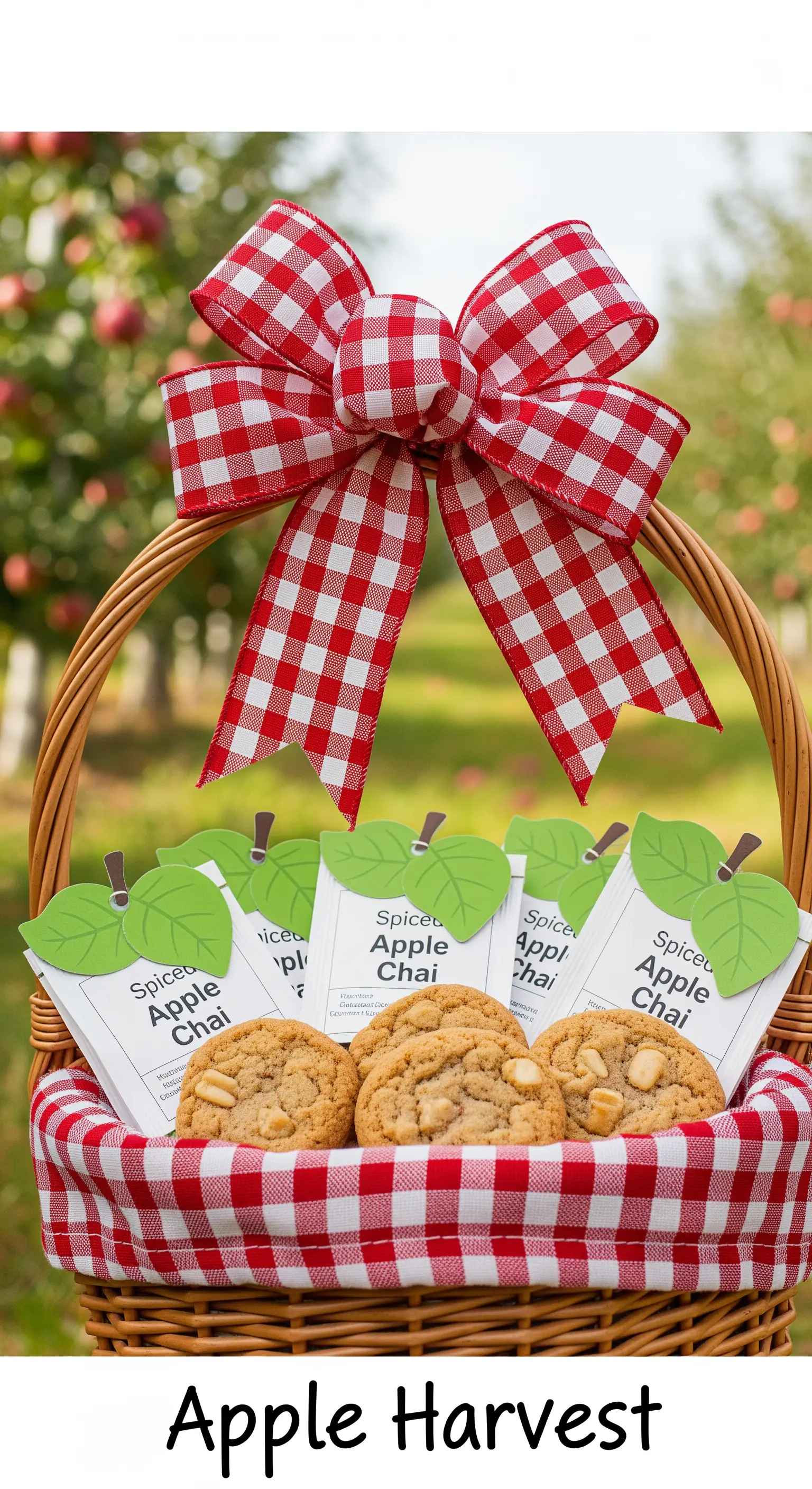 Cesto di vimini con biscotti e tè alla mela, decorato con un fiocco a quadretti.