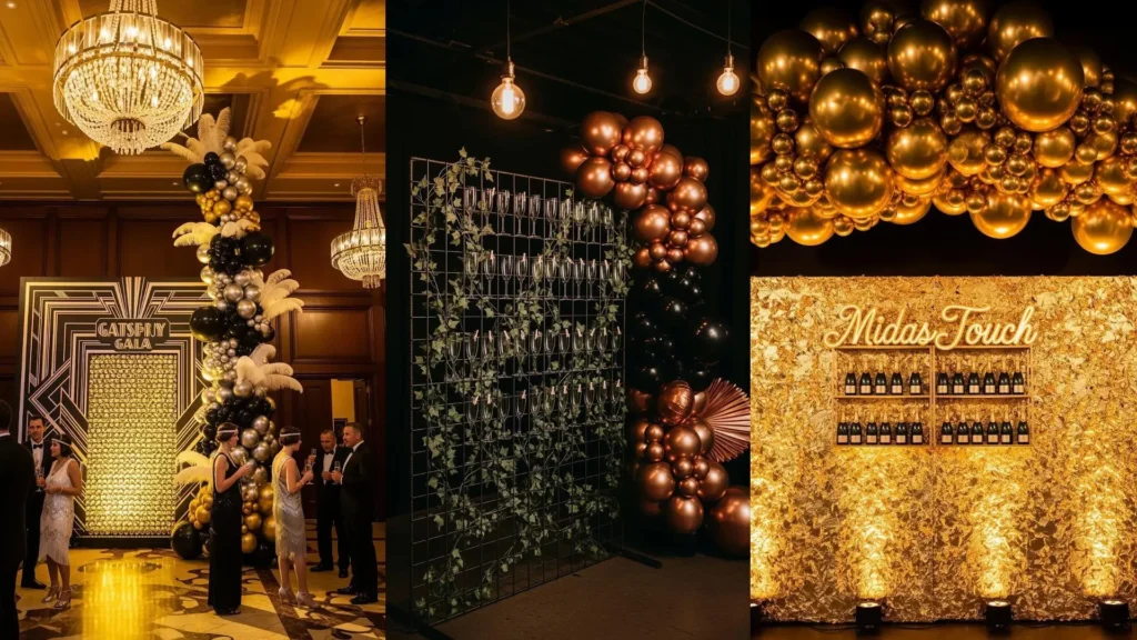 Allestimenti glamour con champagne wall, palloncini metallici oro e nero, per feste scintillanti ed eleganti.